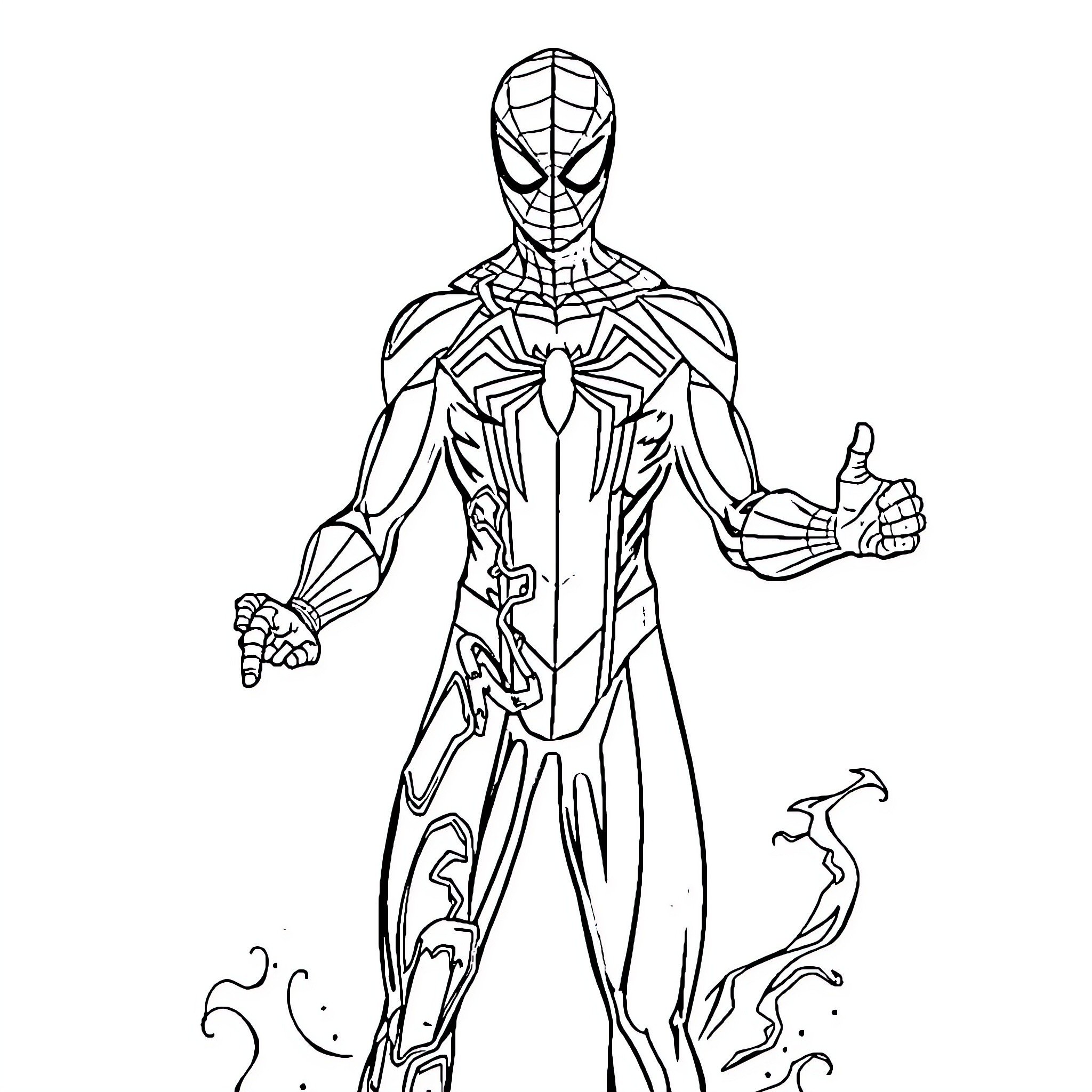 Spiderman Posing with Heroic Confidence Coloring Page (free black-and-white line drawing printable PDF for all, from beginners to advanced learners, including children, teens, adults, and seniors)