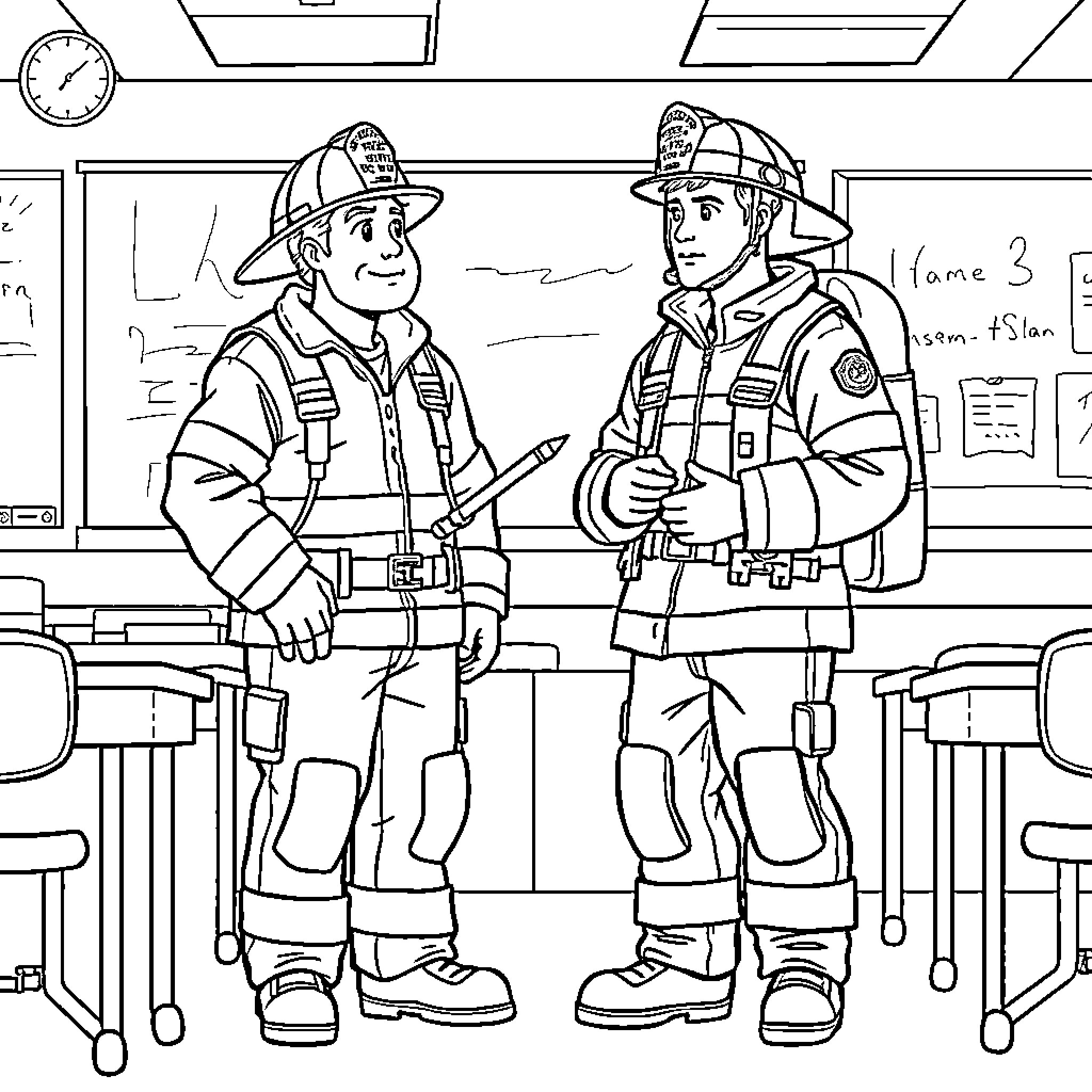 Firefighters discussing plans in the station Coloring Page (free black-and-white line drawing printable PDF for all, from beginners to advanced learners, including children, teens, adults, and seniors)