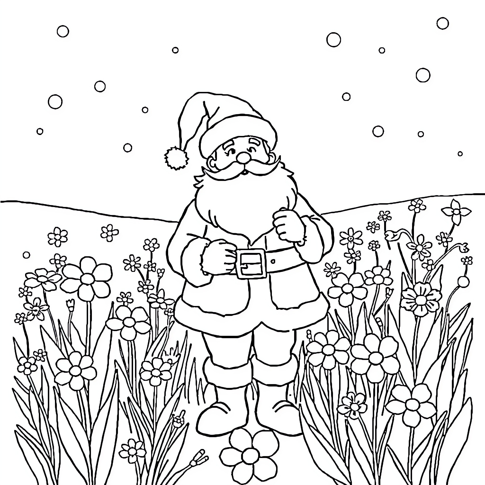Santa Claus strolling through a flower-filled garden Coloring Page (free black-and-white line drawing printable PDF for all, from beginners to advanced learners, including children, teens, adults, and seniors)