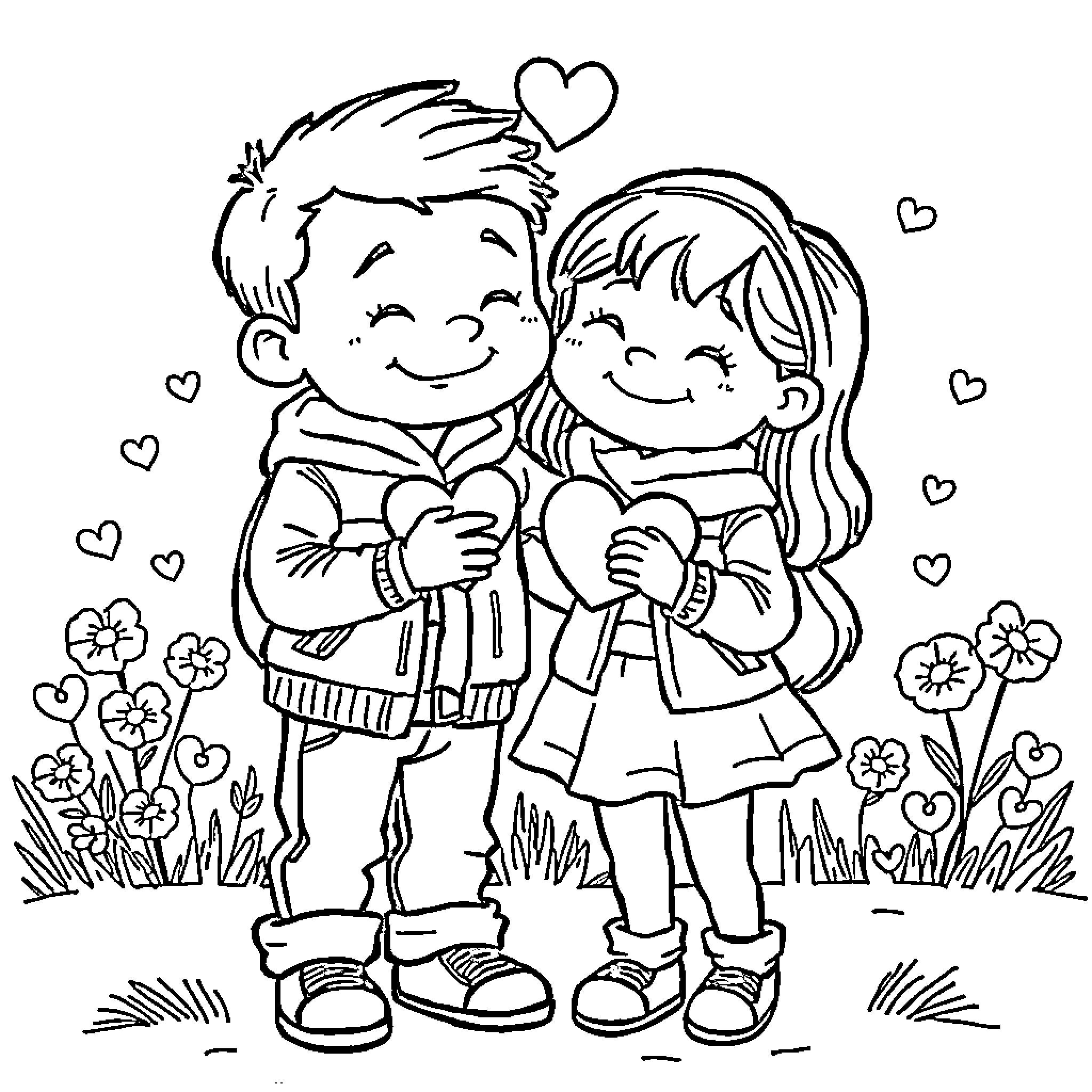 Friendship of young couple in nature Coloring Page (free black-and-white line drawing printable PDF for all, from beginners to advanced learners, including children, teens, adults, and seniors)
