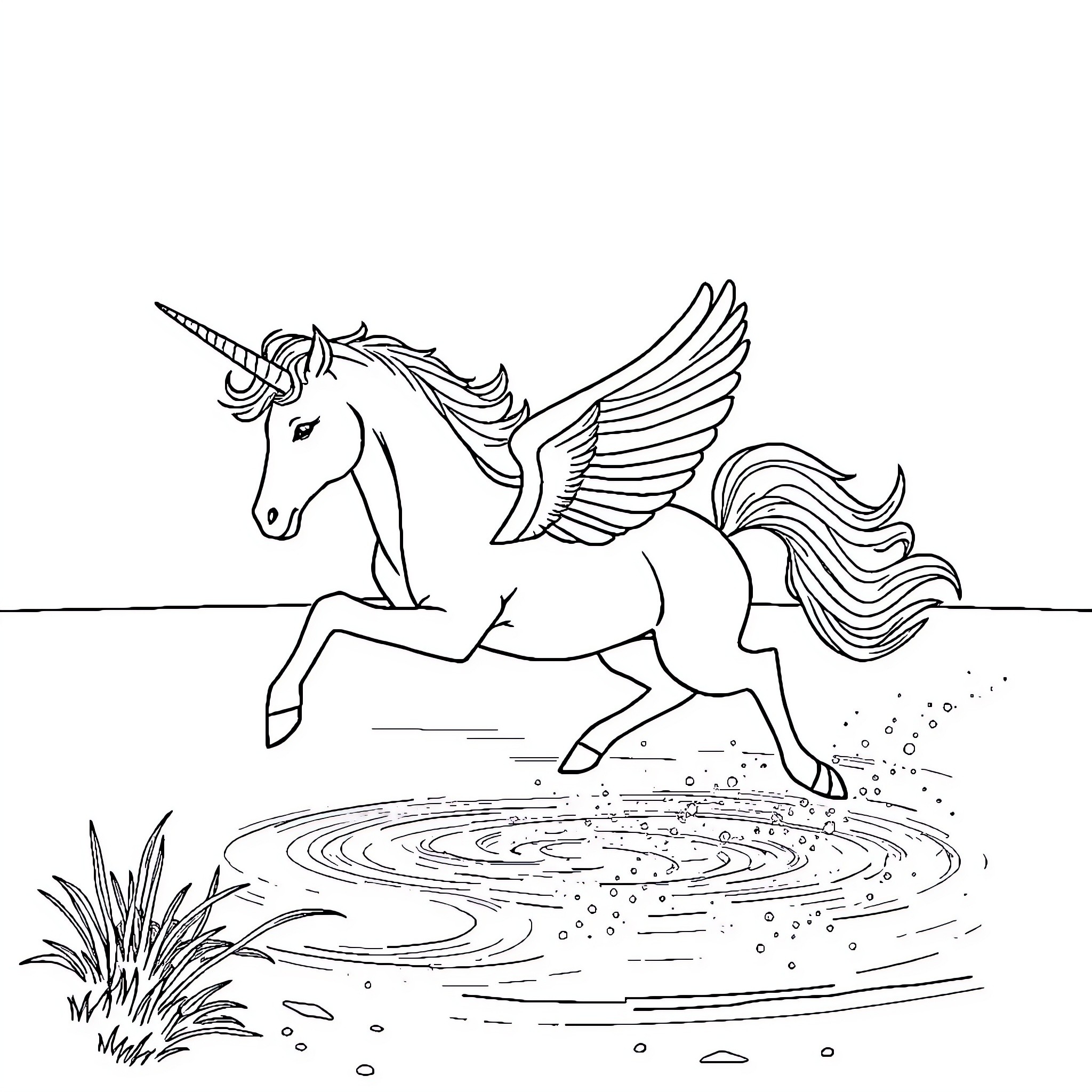 Unicorn galloping through a magical pond Coloring Page (free black-and-white line drawing printable PDF for all, from beginners to advanced learners, including children, teens, adults, and seniors)
