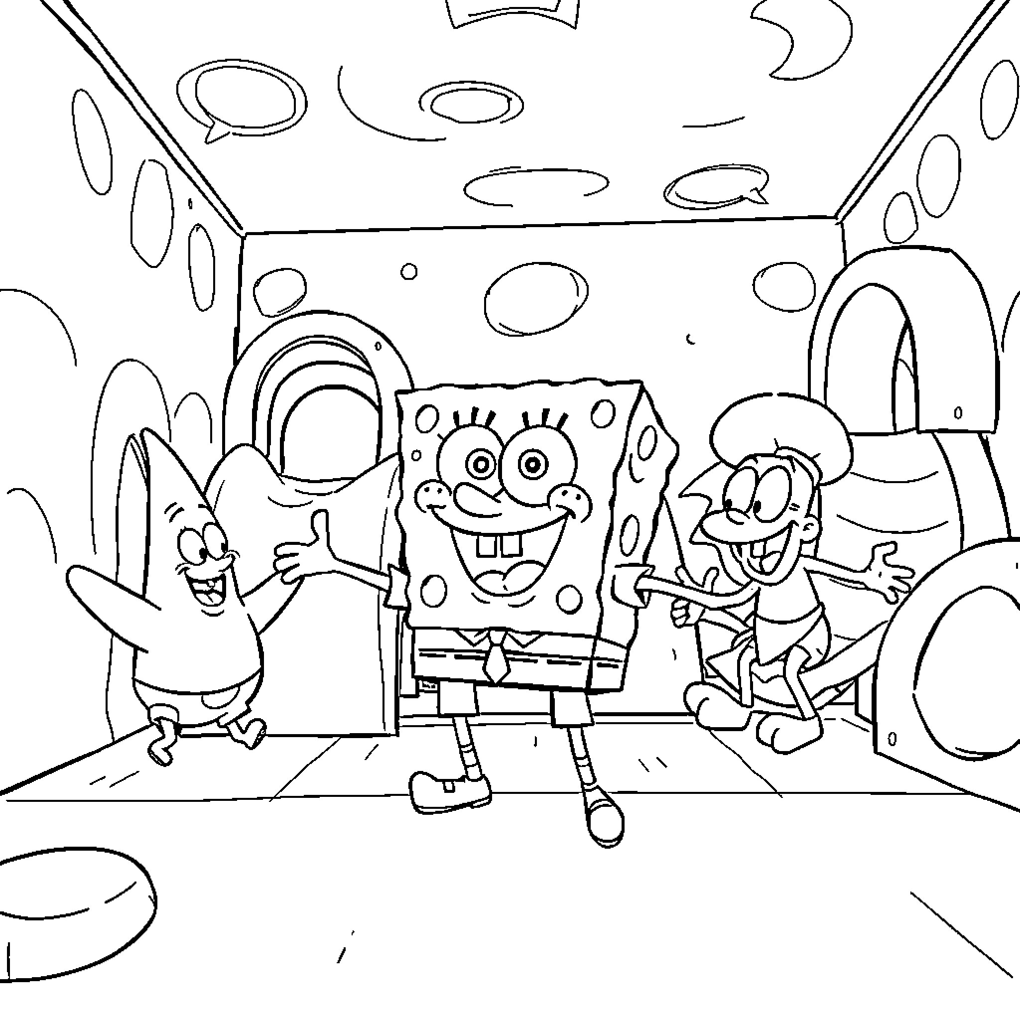 Spongebob and friends in a whimsical setting Coloring Page (free black-and-white line drawing printable PDF for all, from beginners to advanced learners, including children, teens, adults, and seniors)