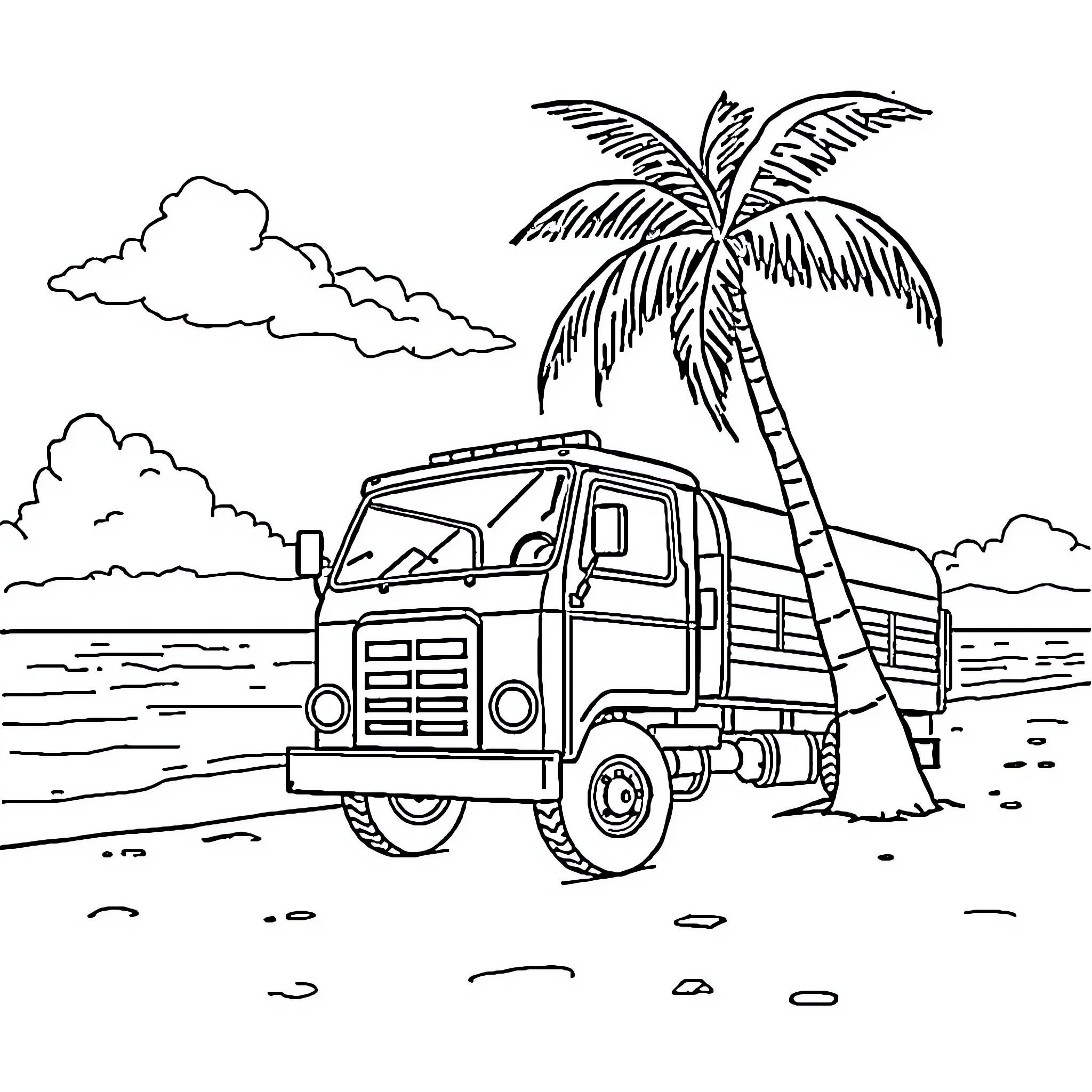 Camion truck transporting goods on tropical beach Coloring Page (free black-and-white line drawing printable PDF for all, from beginners to advanced learners, including children, teens, adults, and seniors)