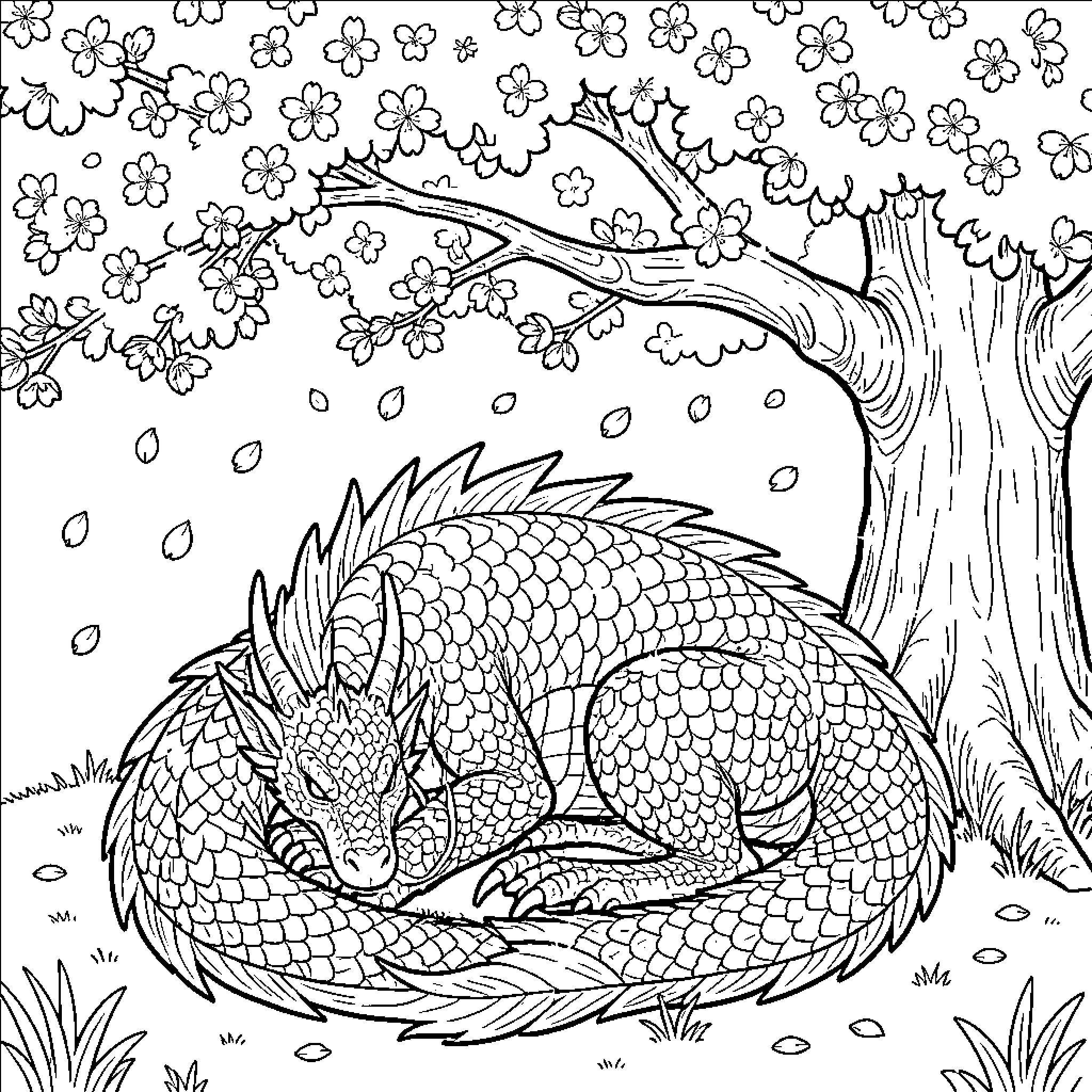 Dragon sleeping peacefully under a blossoming tree Coloring Page (free black-and-white line drawing printable PDF for all, from beginners to advanced learners, including children, teens, adults, and seniors)