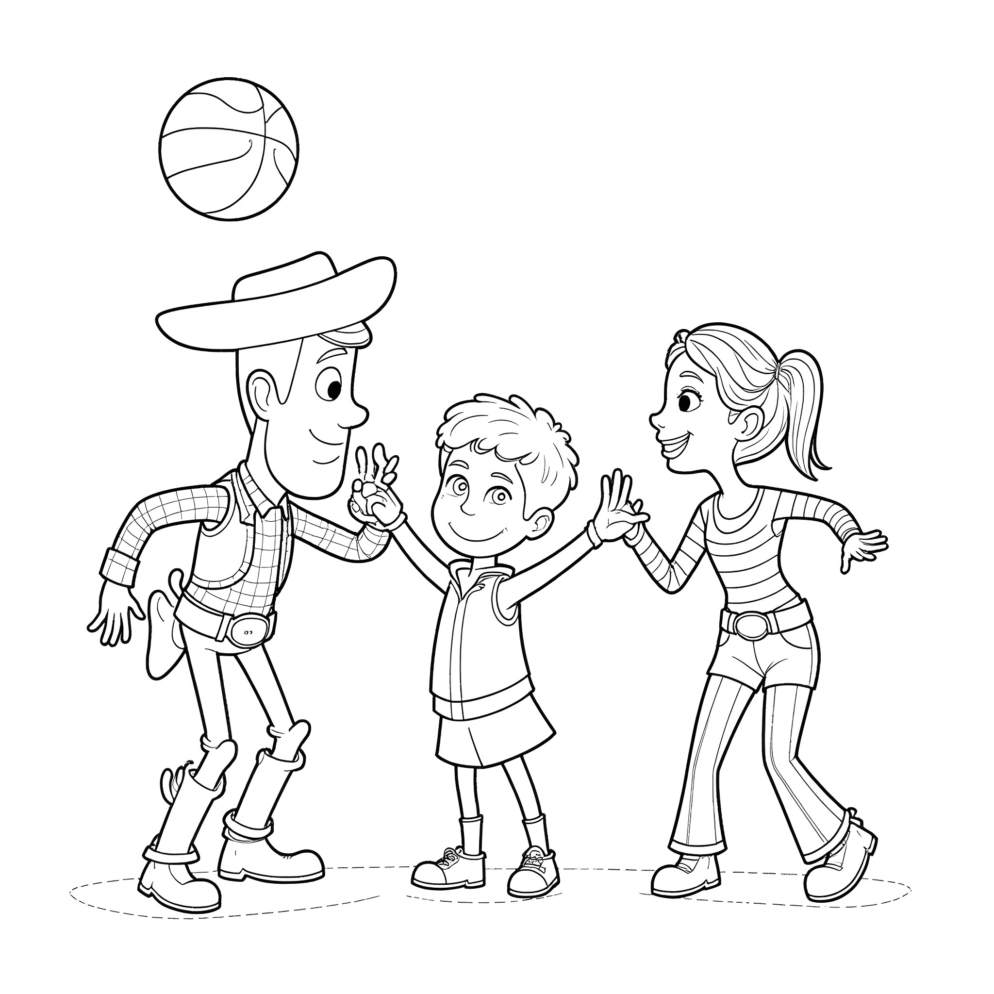 Toy Story characters in playful scene Coloring Page (free black-and-white line drawing printable PDF for all, from beginners to advanced learners, including children, teens, adults, and seniors)