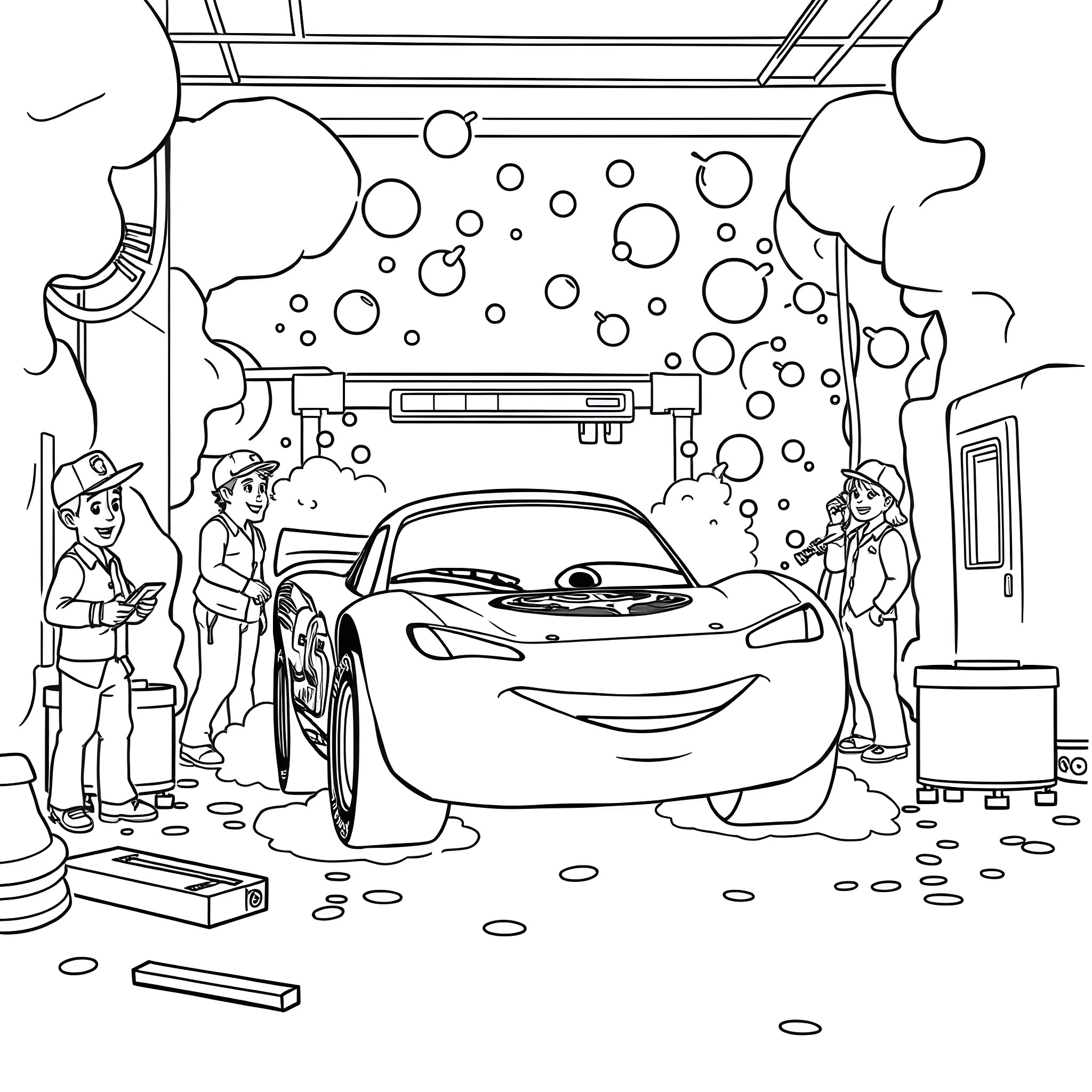 Lightning McQueen having fun at the car wash Coloring Page (free black-and-white line drawing printable PDF for all, from beginners to advanced learners, including children, teens, adults, and seniors)
