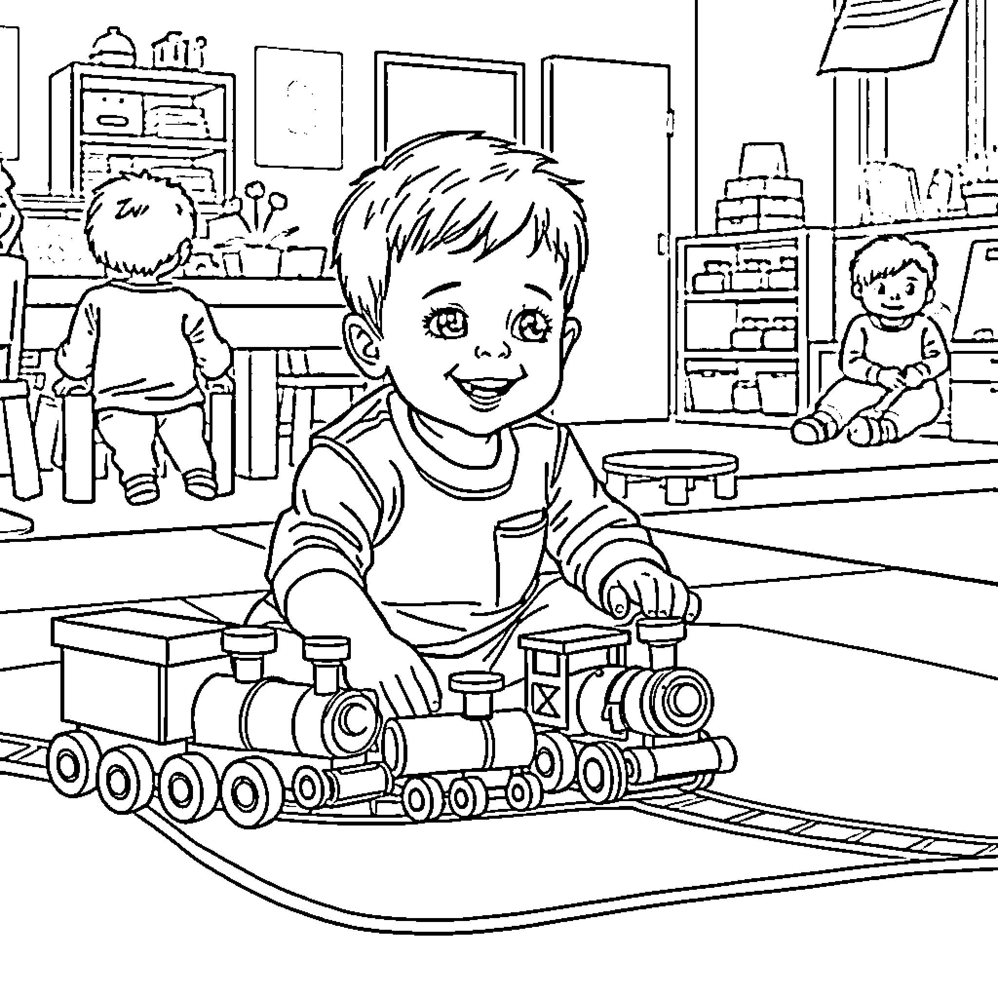Boy playing with toy train in playroom Coloring Page (free black-and-white line drawing printable PDF for all, from beginners to advanced learners, including children, teens, adults, and seniors)
