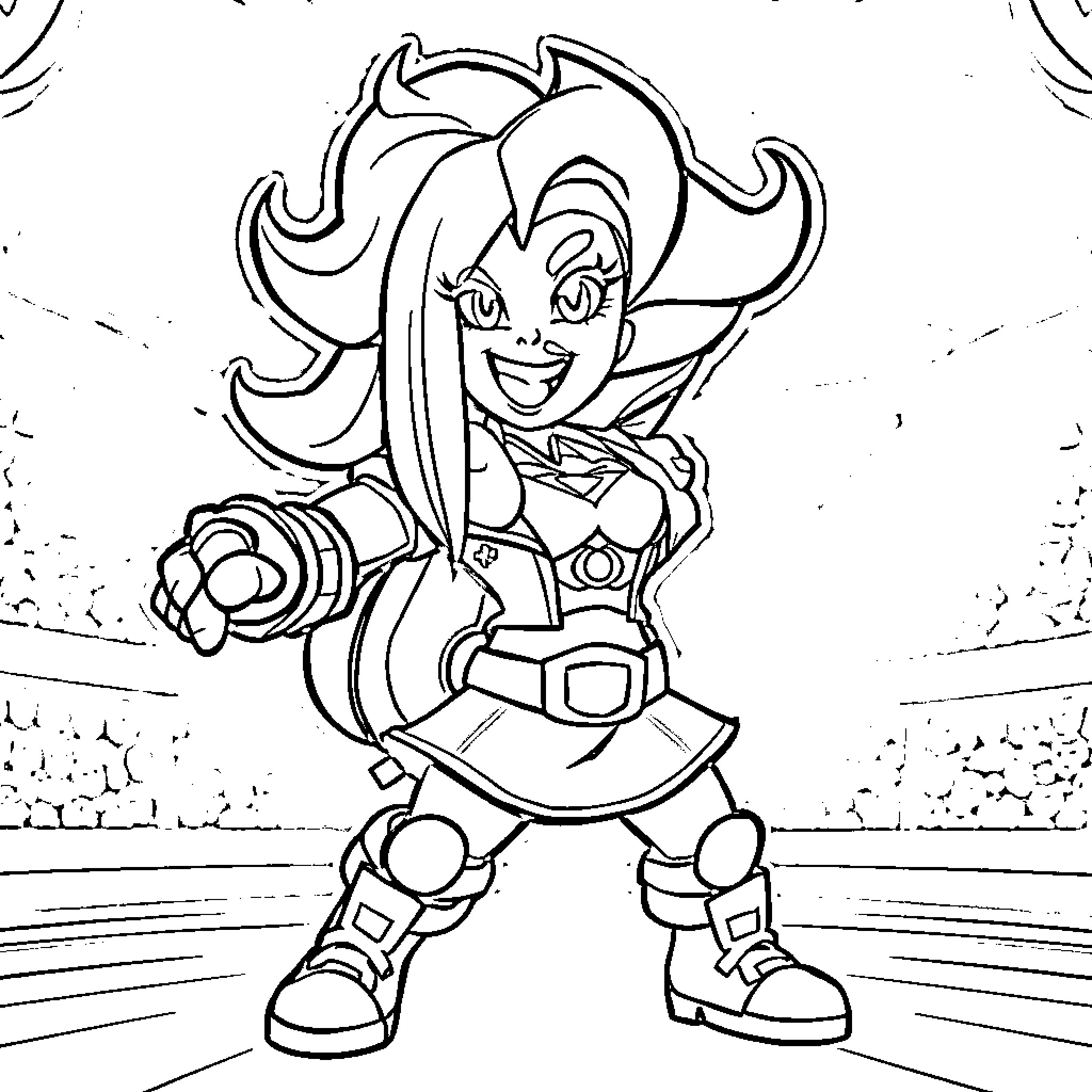 Janet in action-packed superhero pose Coloring Page (free black-and-white line drawing printable PDF for all, from beginners to advanced learners, including children, teens, adults, and seniors)