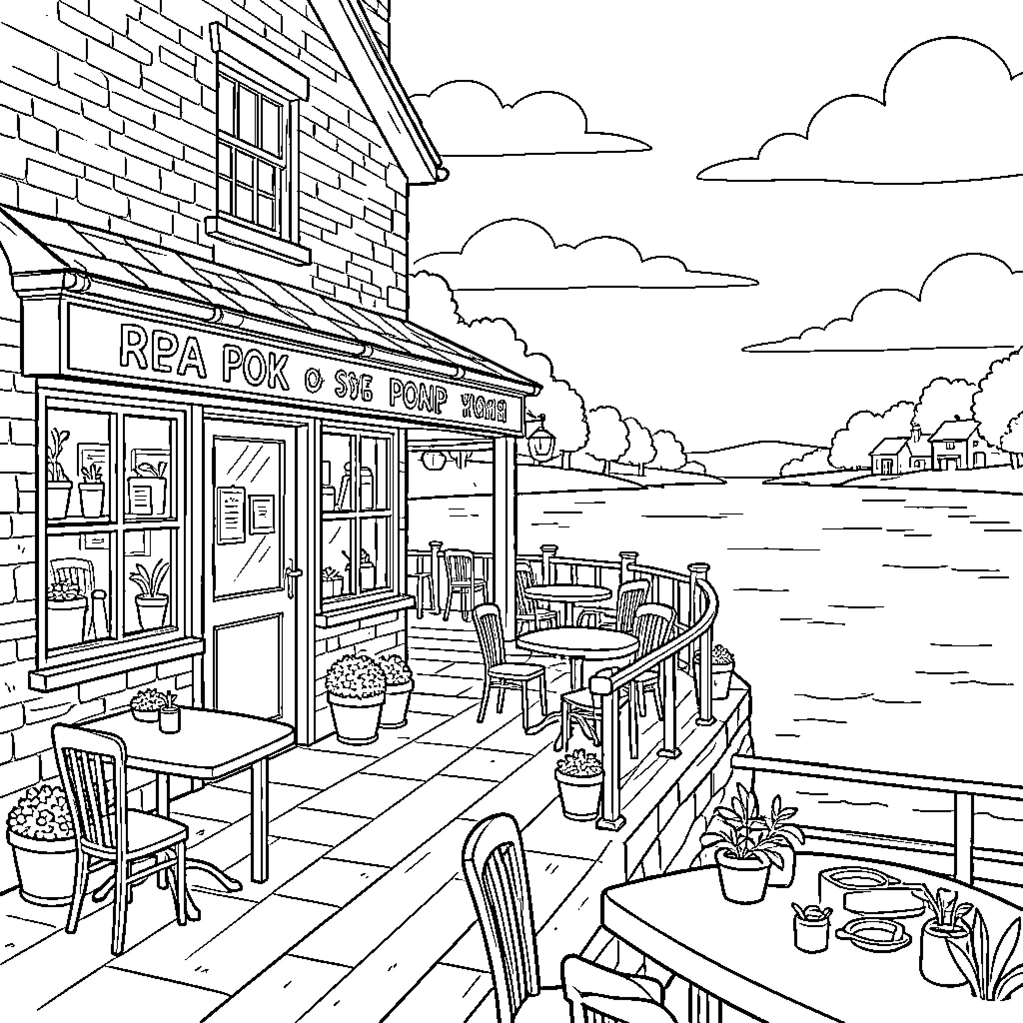 Pub terrace overlooking a calm lakeside scene Coloring Page (free black-and-white line drawing printable PDF for all, from beginners to advanced learners, including children, teens, adults, and seniors)