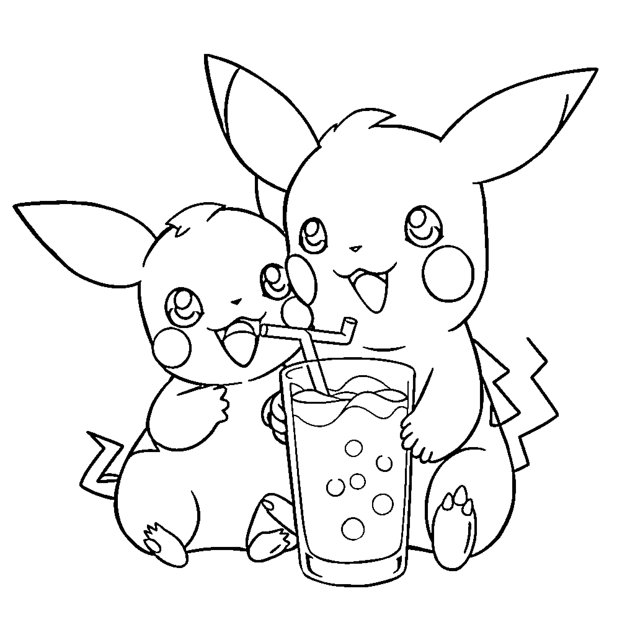 Pichu Enjoying Refreshing Drink Coloring Page (free black-and-white line drawing printable PDF for all, from beginners to advanced learners, including children, teens, adults, and seniors)