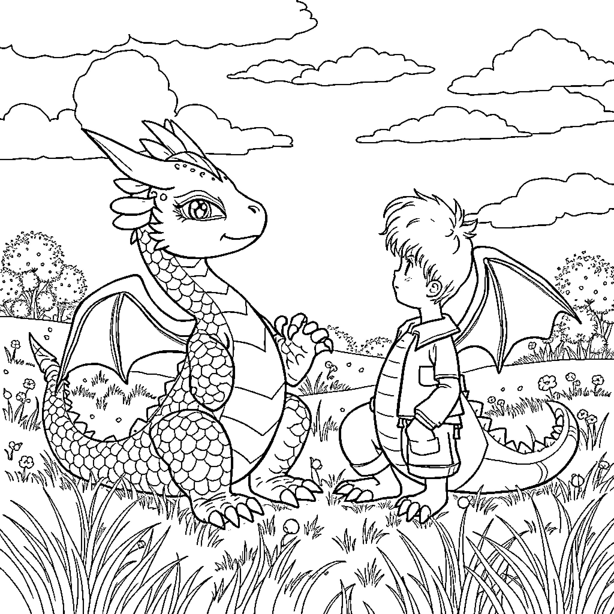 Dragon and child enjoying nature in meadow Coloring Page (free black-and-white line drawing printable PDF for all, from beginners to advanced learners, including children, teens, adults, and seniors)