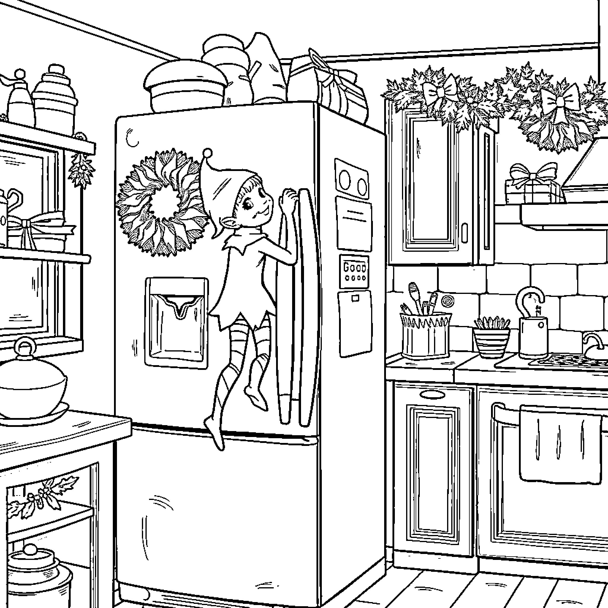 Elf decorating a cozy kitchen for the holidays Coloring Page (free black-and-white line drawing printable PDF for all, from beginners to advanced learners, including children, teens, adults, and seniors)