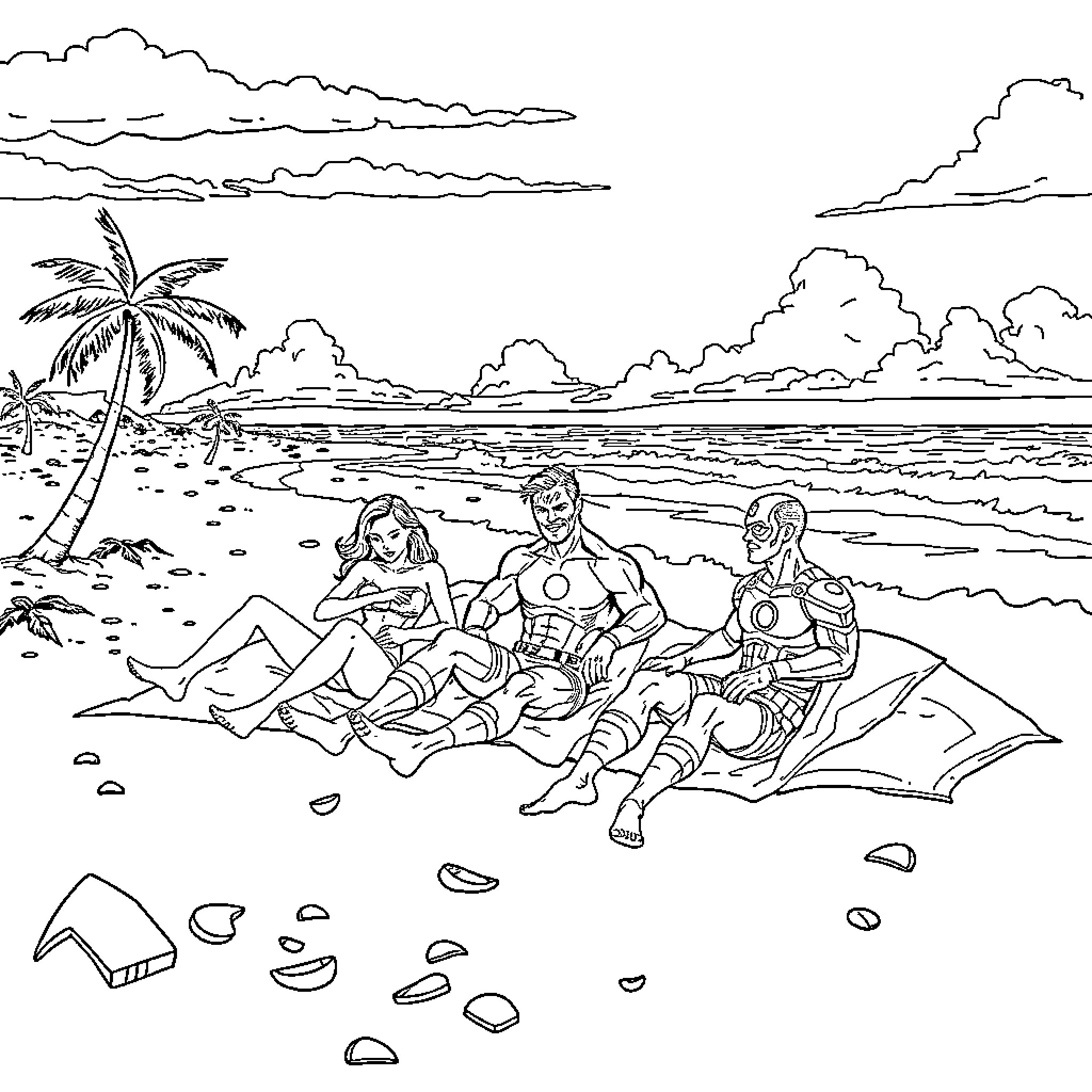 Avenger superheroes relaxing on a sunny beach Coloring Page (free black-and-white line drawing printable PDF for all, from beginners to advanced learners, including children, teens, adults, and seniors)