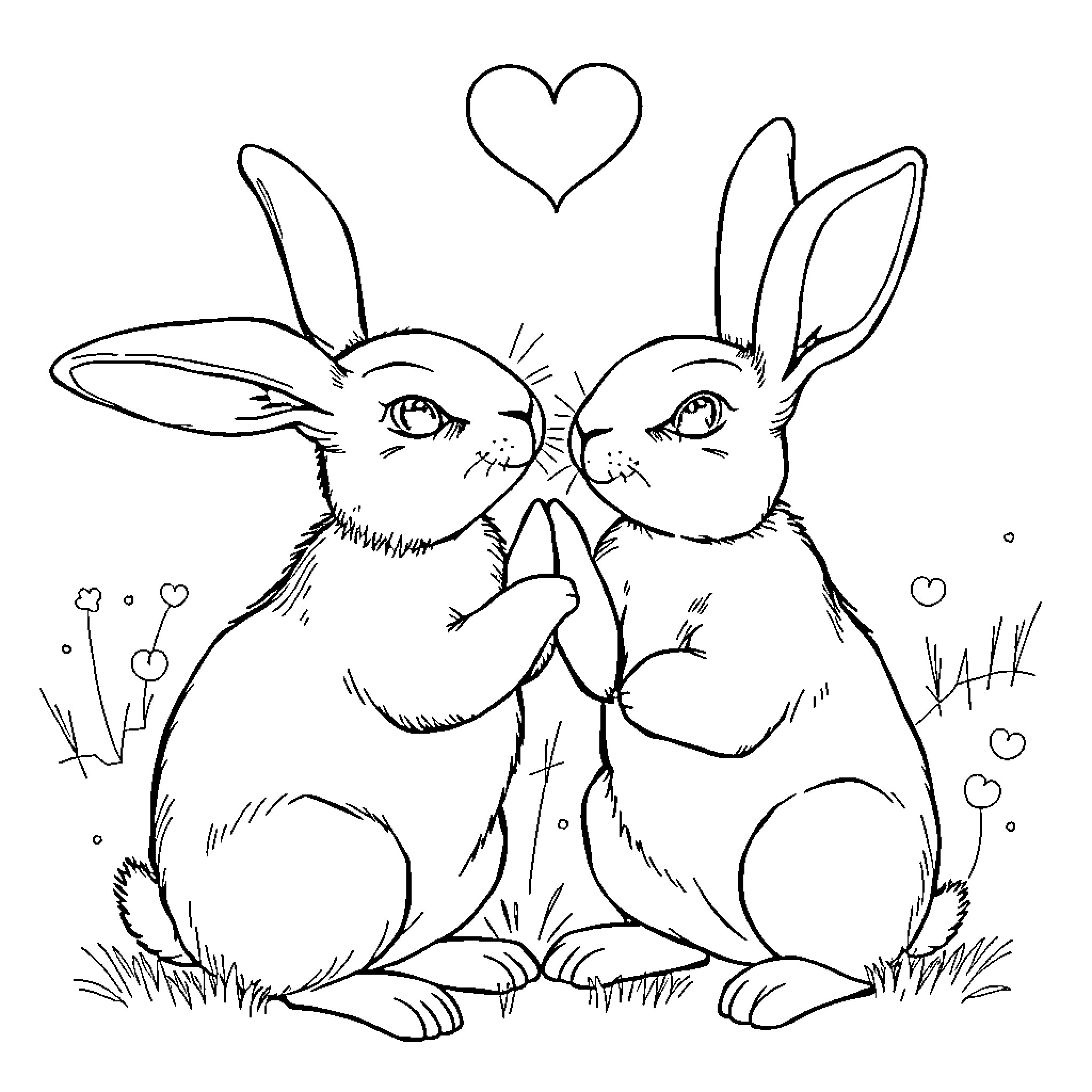 Rabbit Couple Embracing with Heart Coloring Page (free black-and-white line drawing printable PDF for all, from beginners to advanced learners, including children, teens, adults, and seniors)