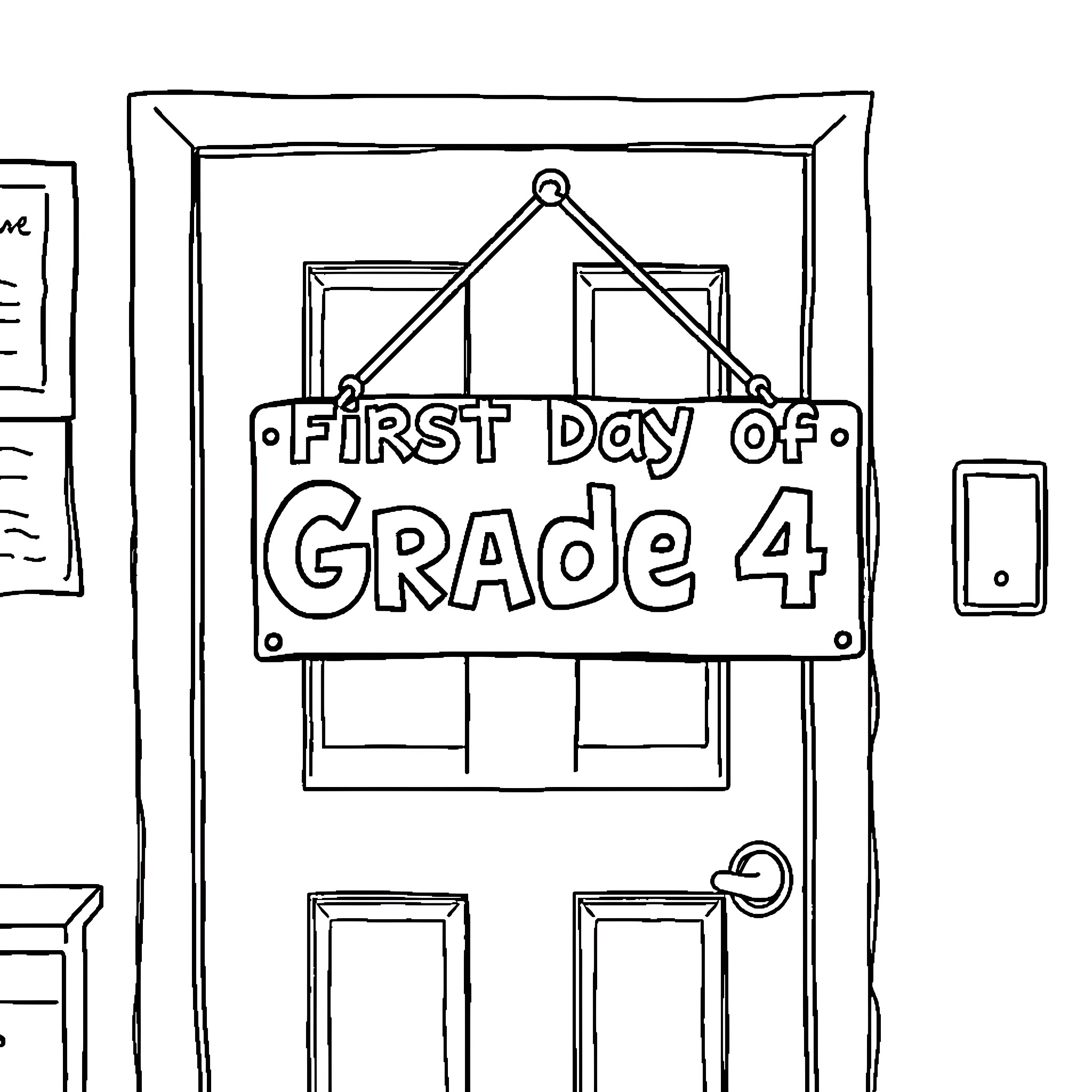 School sign for first day of Grade 4 Coloring Page (free black-and-white line drawing printable PDF for all, from beginners to advanced learners, including children, teens, adults, and seniors)