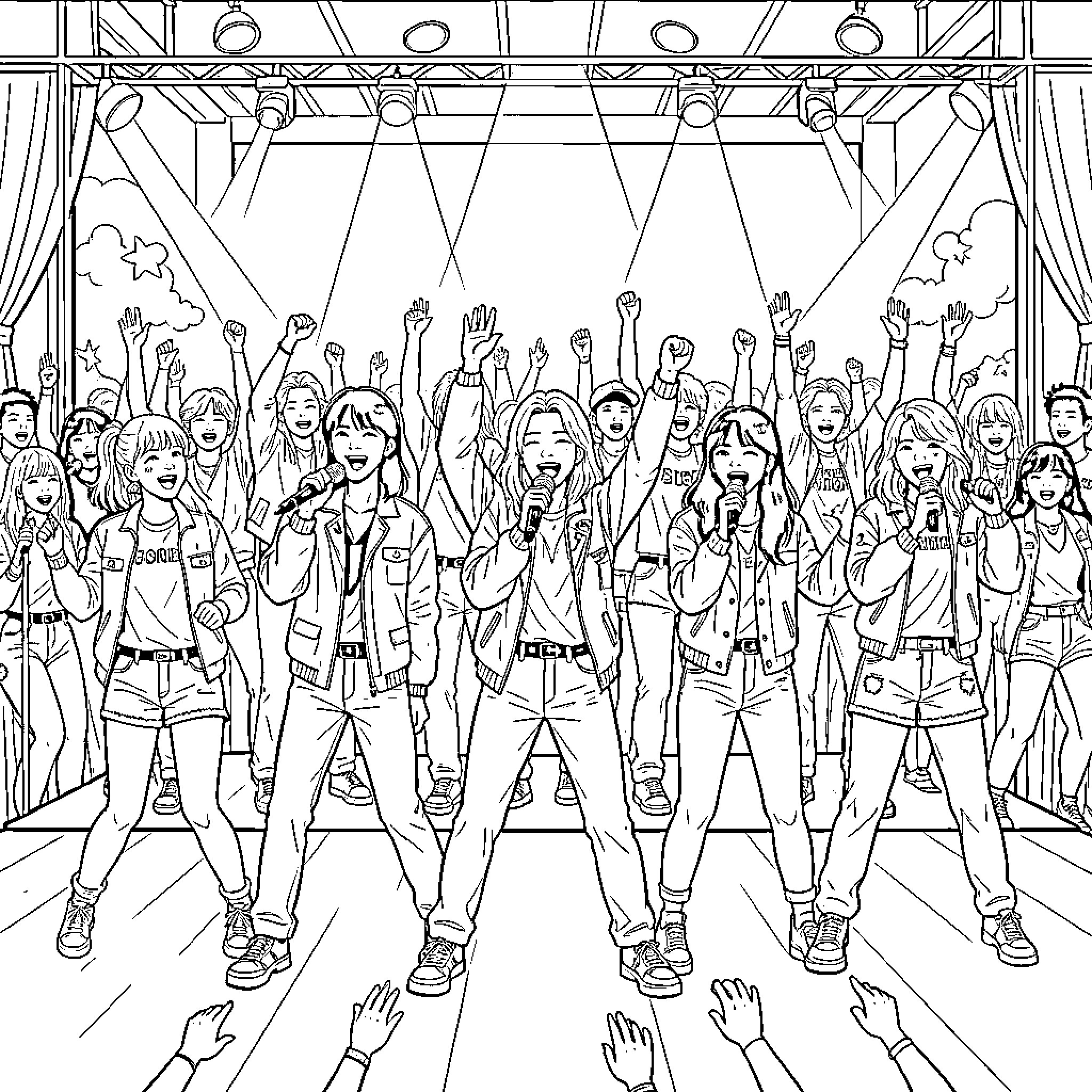 Kpop group performing songs on a bright stage Coloring Page (free black-and-white line drawing printable PDF for all, from beginners to advanced learners, including children, teens, adults, and seniors)