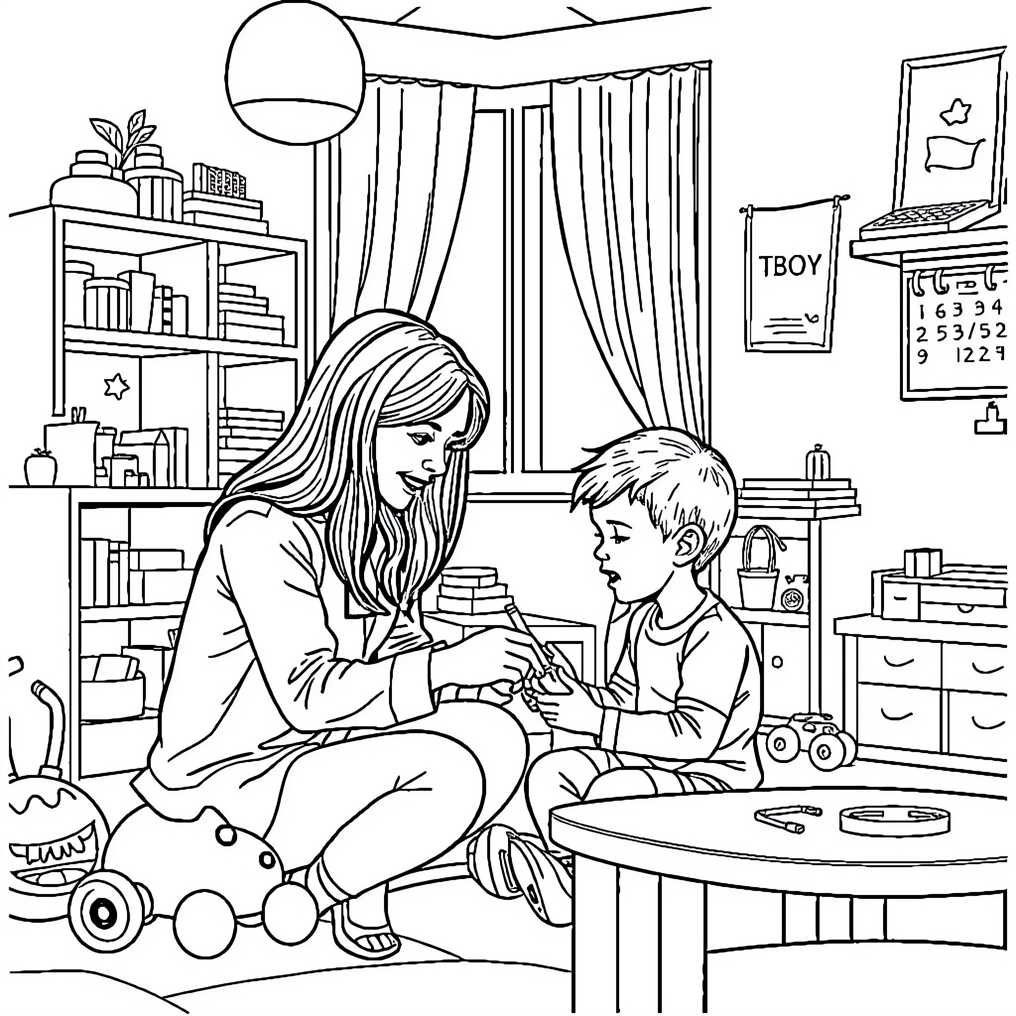 RBT Mother and child having playtime in room Coloring Page (free black-and-white line drawing printable PDF for all, from beginners to advanced learners, including children, teens, adults, and seniors)