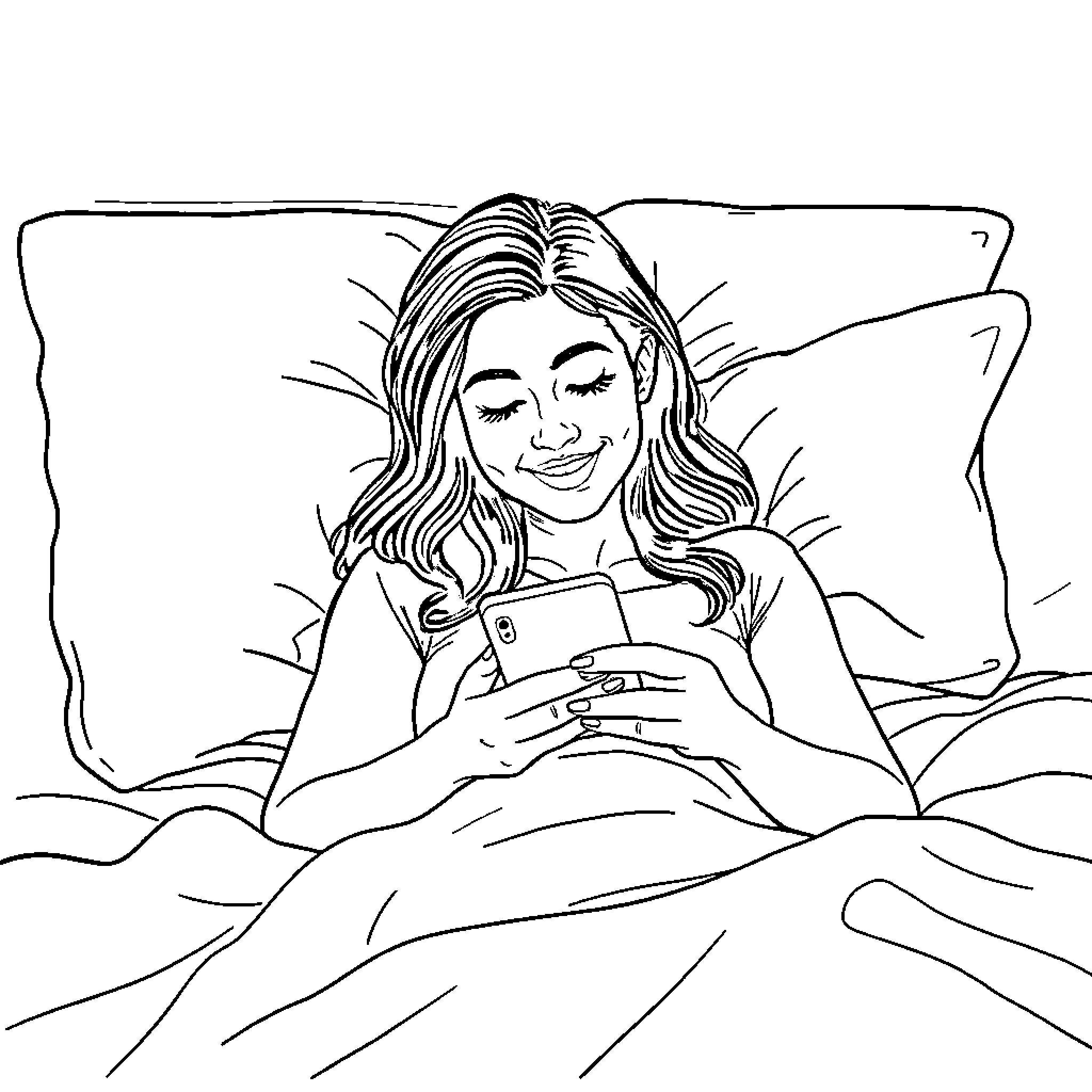 Woman enjoying mobile phone while relaxing on bed Coloring Page (free black-and-white line drawing printable PDF for all, from beginners to advanced learners, including children, teens, adults, and seniors)