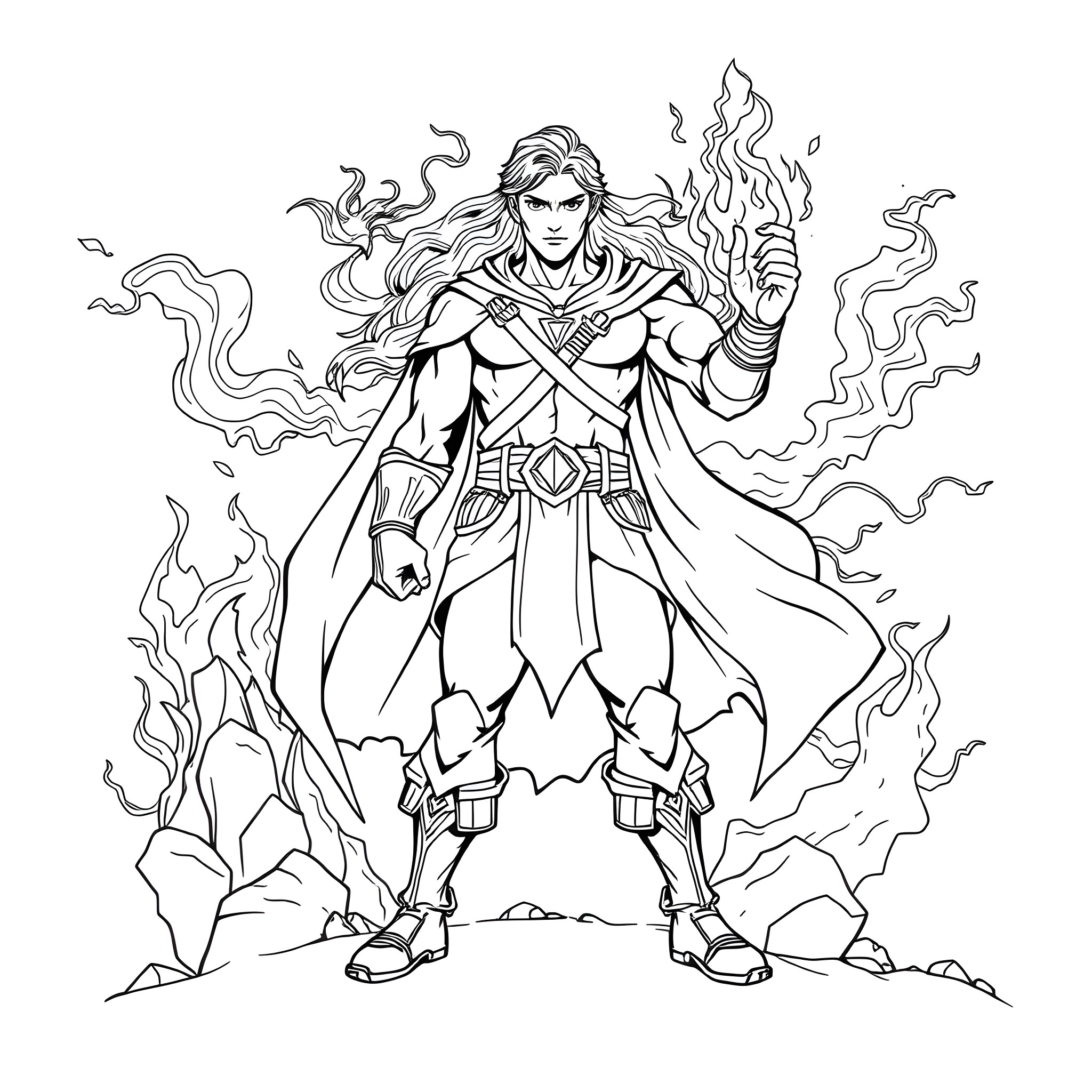 Superhero wielding powerful elemental forces Coloring Page (free black-and-white line drawing printable PDF for all, from beginners to advanced learners, including children, teens, adults, and seniors)