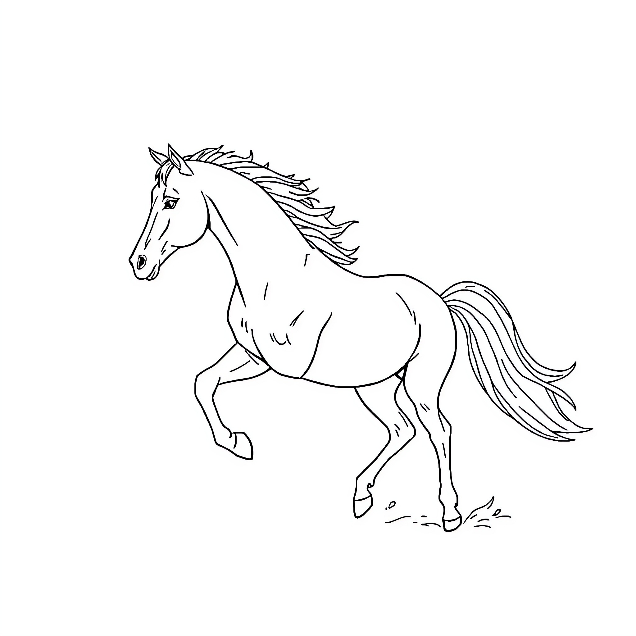 Horse galloping majestically across the field Coloring Page (free black-and-white line drawing printable PDF for all, from beginners to advanced learners, including children, teens, adults, and seniors)