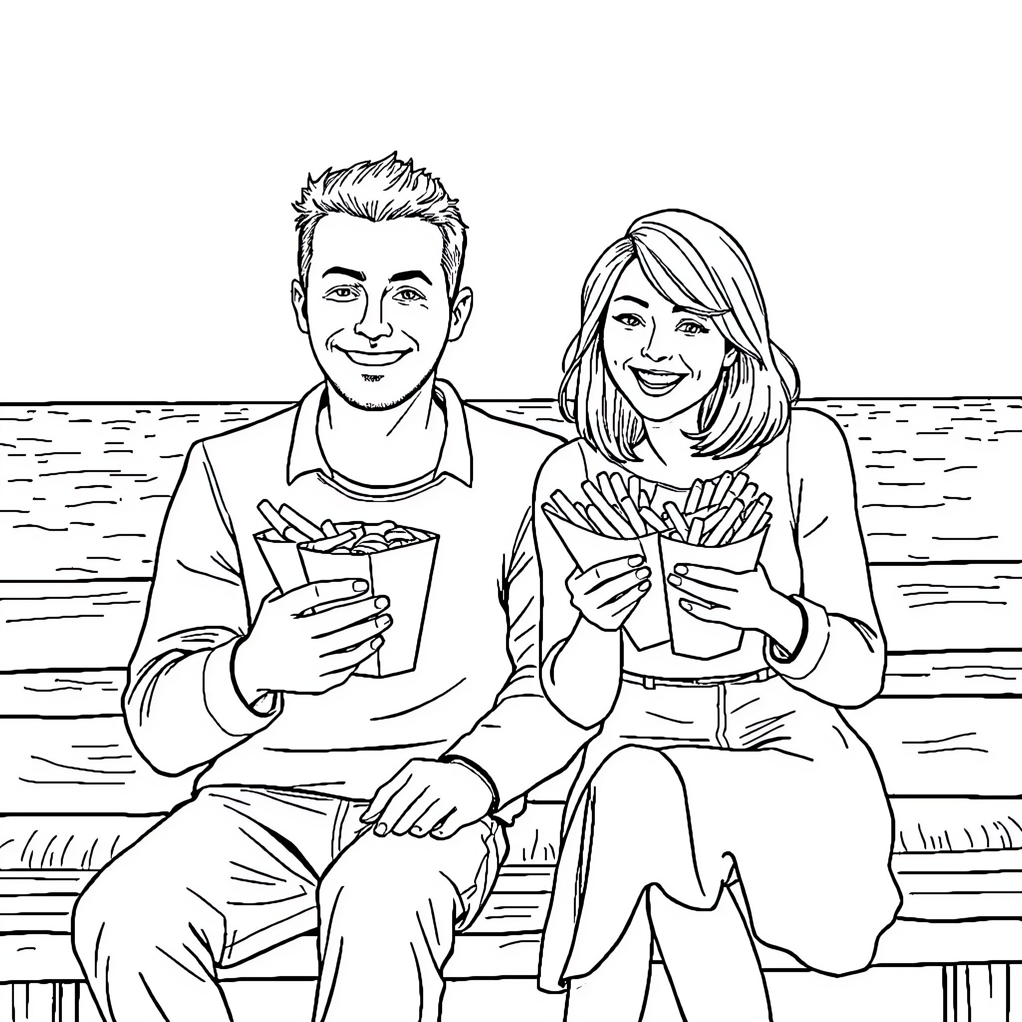 Man and Woman Sharing a Snack on a Bench Coloring Page (free black-and-white line drawing printable PDF for all, from beginners to advanced learners, including children, teens, adults, and seniors)