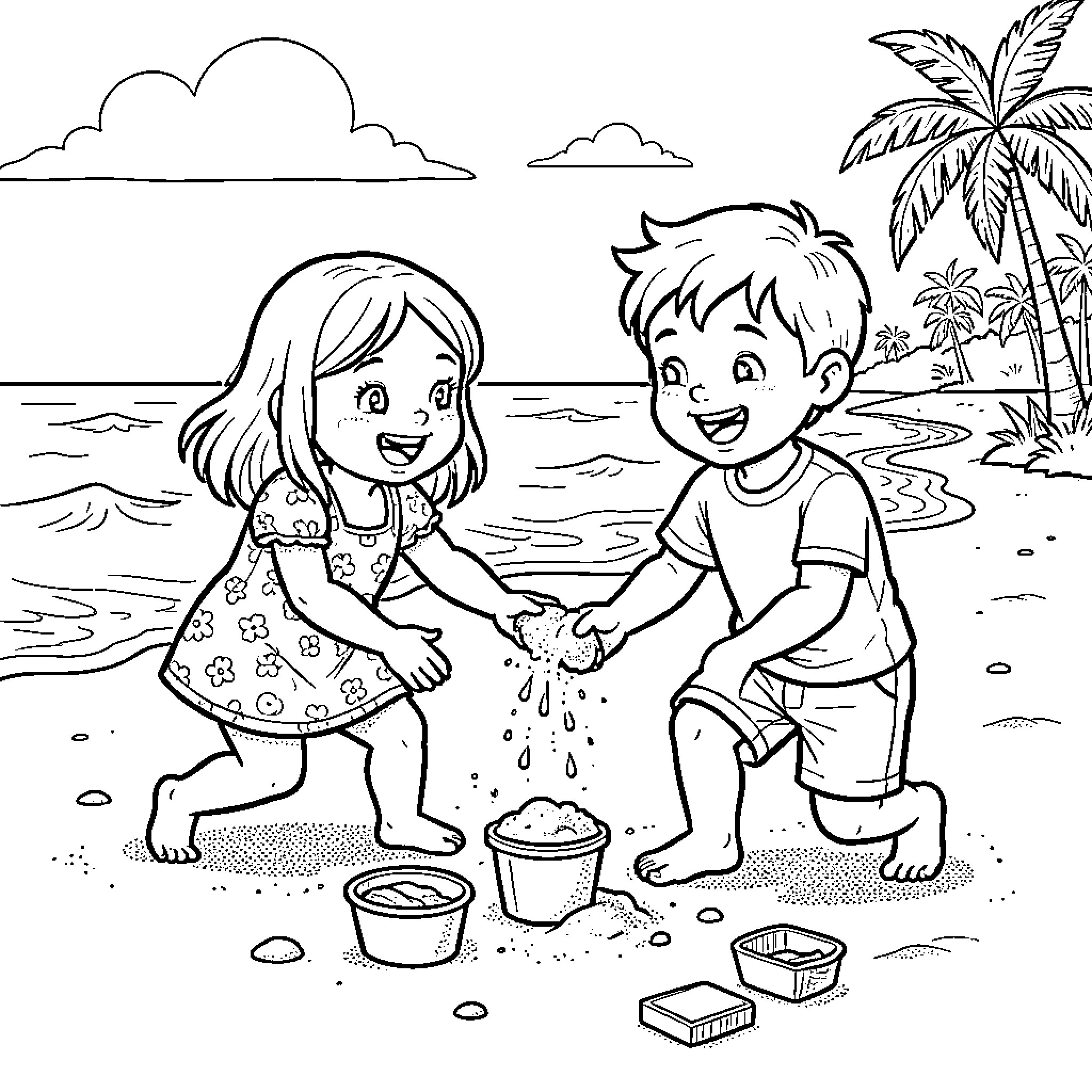 Child playing happily with sand on the beach Coloring Page (free black-and-white line drawing printable PDF for all, from beginners to advanced learners, including children, teens, adults, and seniors)