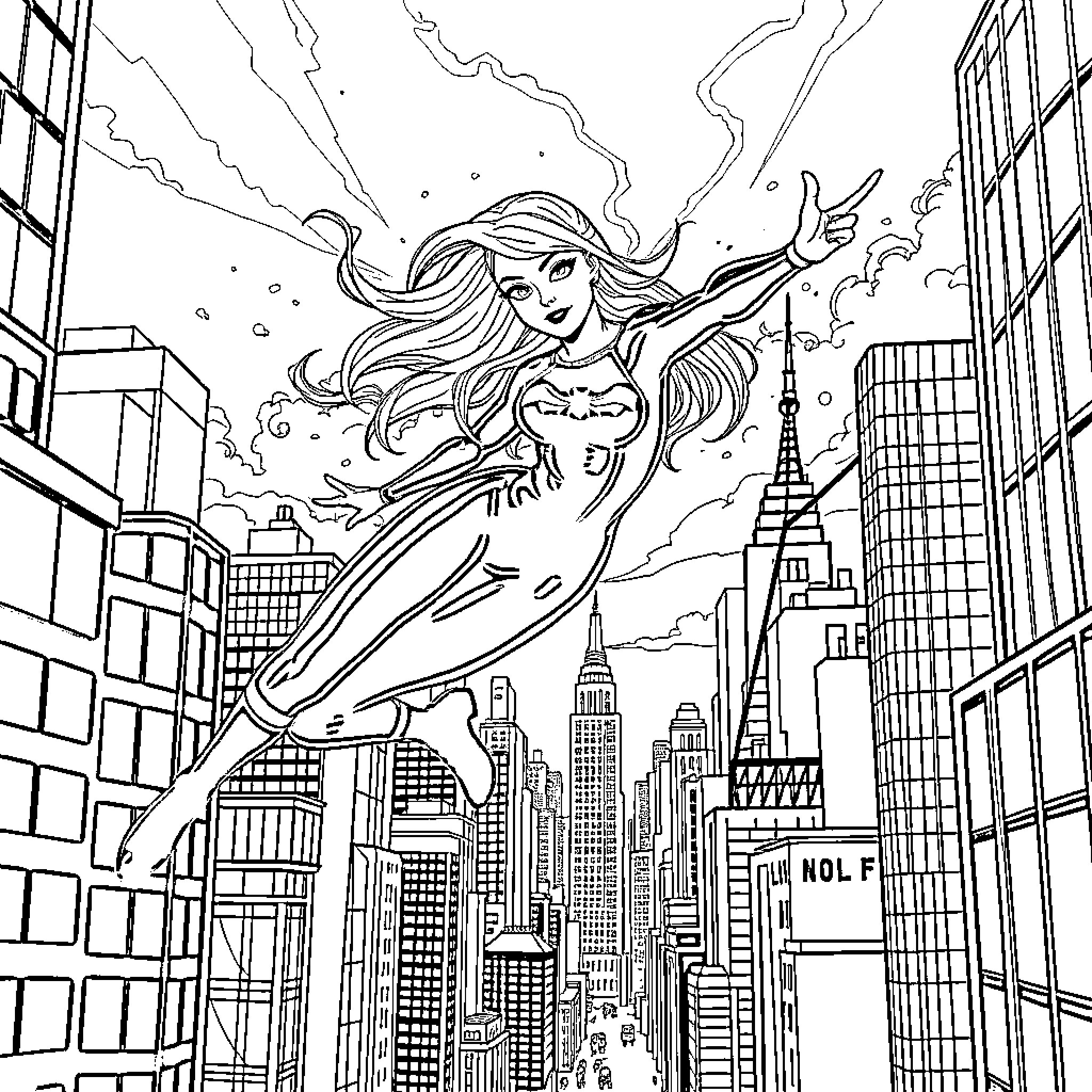 Gwen Stacy flying through the city skyline Coloring Page (free black-and-white line drawing printable PDF for all, from beginners to advanced learners, including children, teens, adults, and seniors)