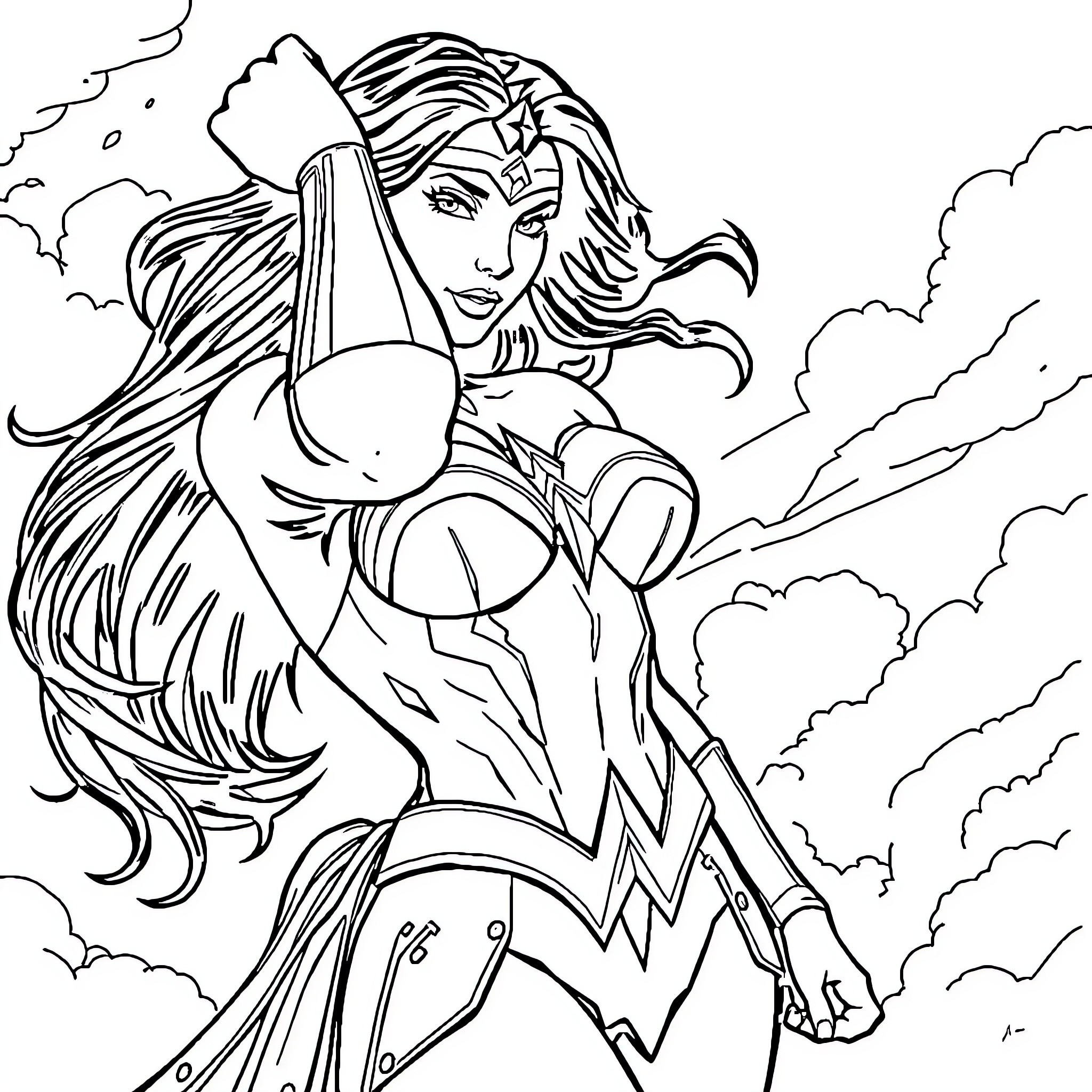 Wonder Woman in heroic action pose Coloring Page (free black-and-white line drawing printable PDF for all, from beginners to advanced learners, including children, teens, adults, and seniors)
