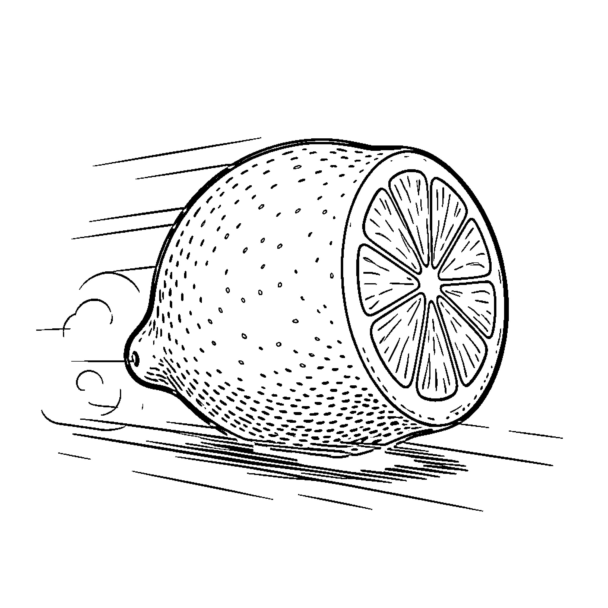 Citron sliced in half with motion lines Coloring Page (free black-and-white line drawing printable PDF for all, from beginners to advanced learners, including children, teens, adults, and seniors)