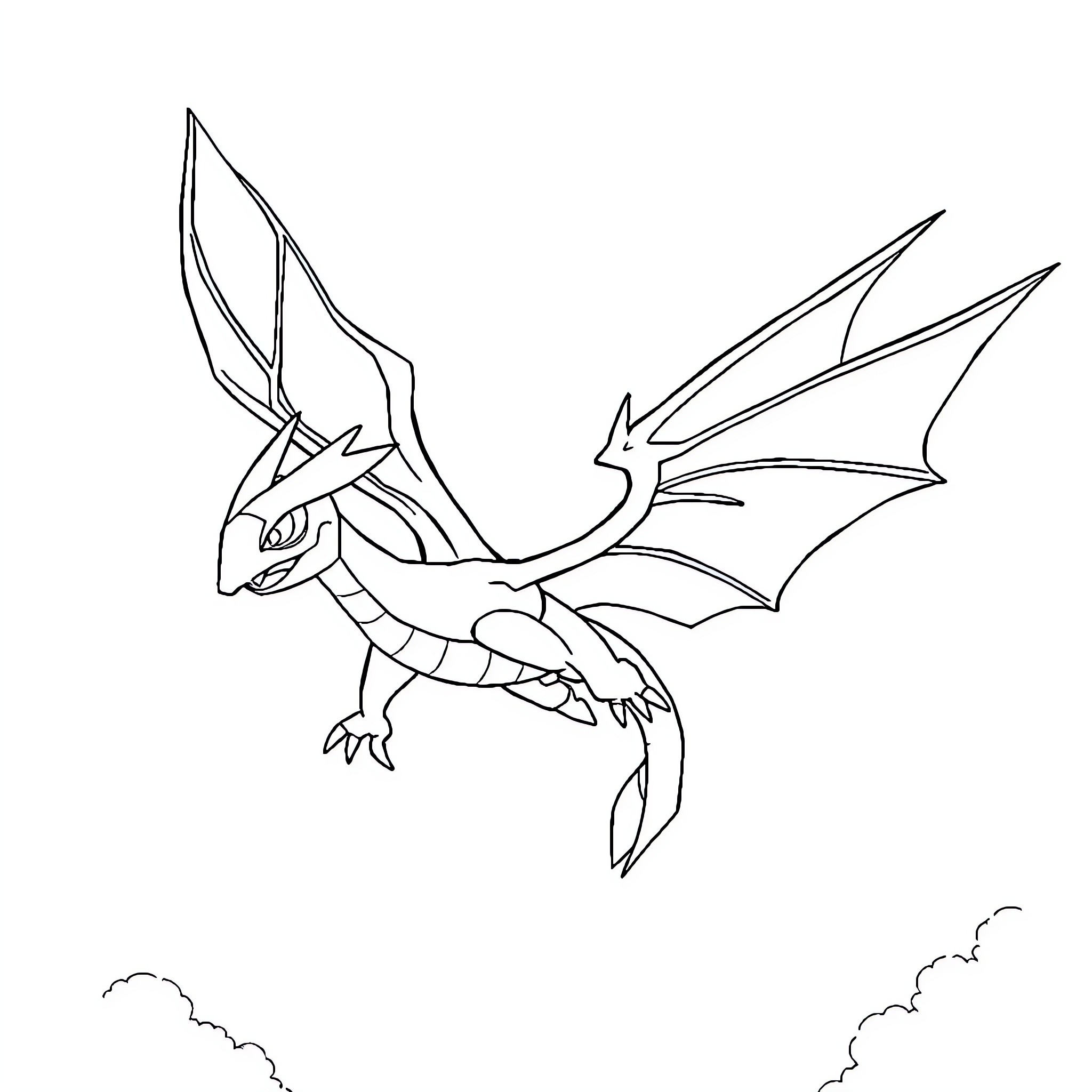 Flygon soaring through the skies Coloring Page (free black-and-white line drawing printable PDF for all, from beginners to advanced learners, including children, teens, adults, and seniors)