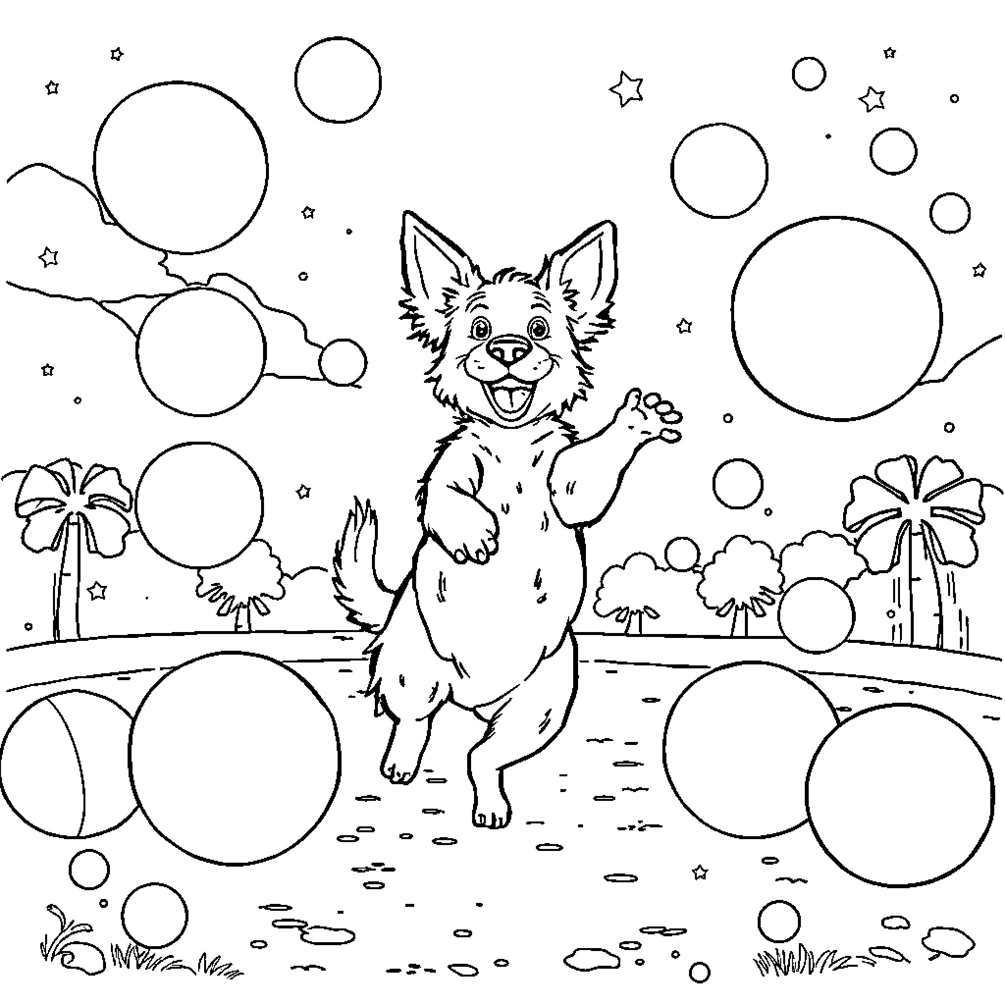 Paw Patrol puppy playing joyfully in the park Coloring Page (free black-and-white line drawing printable PDF for all, from beginners to advanced learners, including children, teens, adults, and seniors)