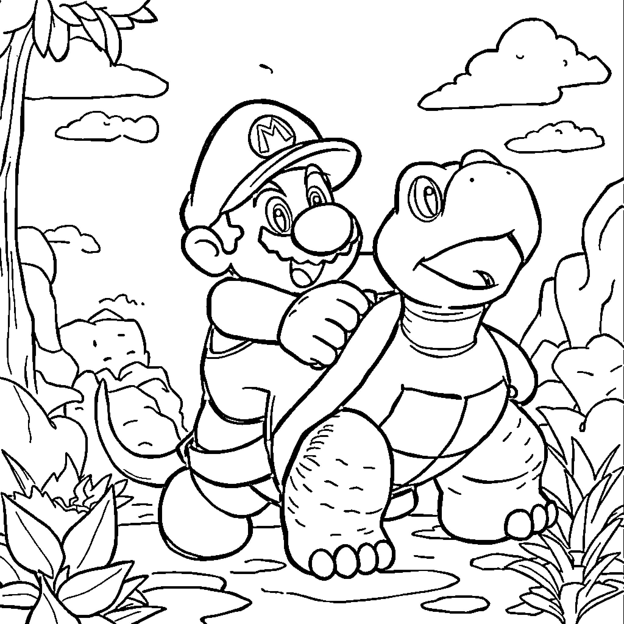 Mario and Yoshi exploring the outdoors Coloring Page (free black-and-white line drawing printable PDF for all, from beginners to advanced learners, including children, teens, adults, and seniors)