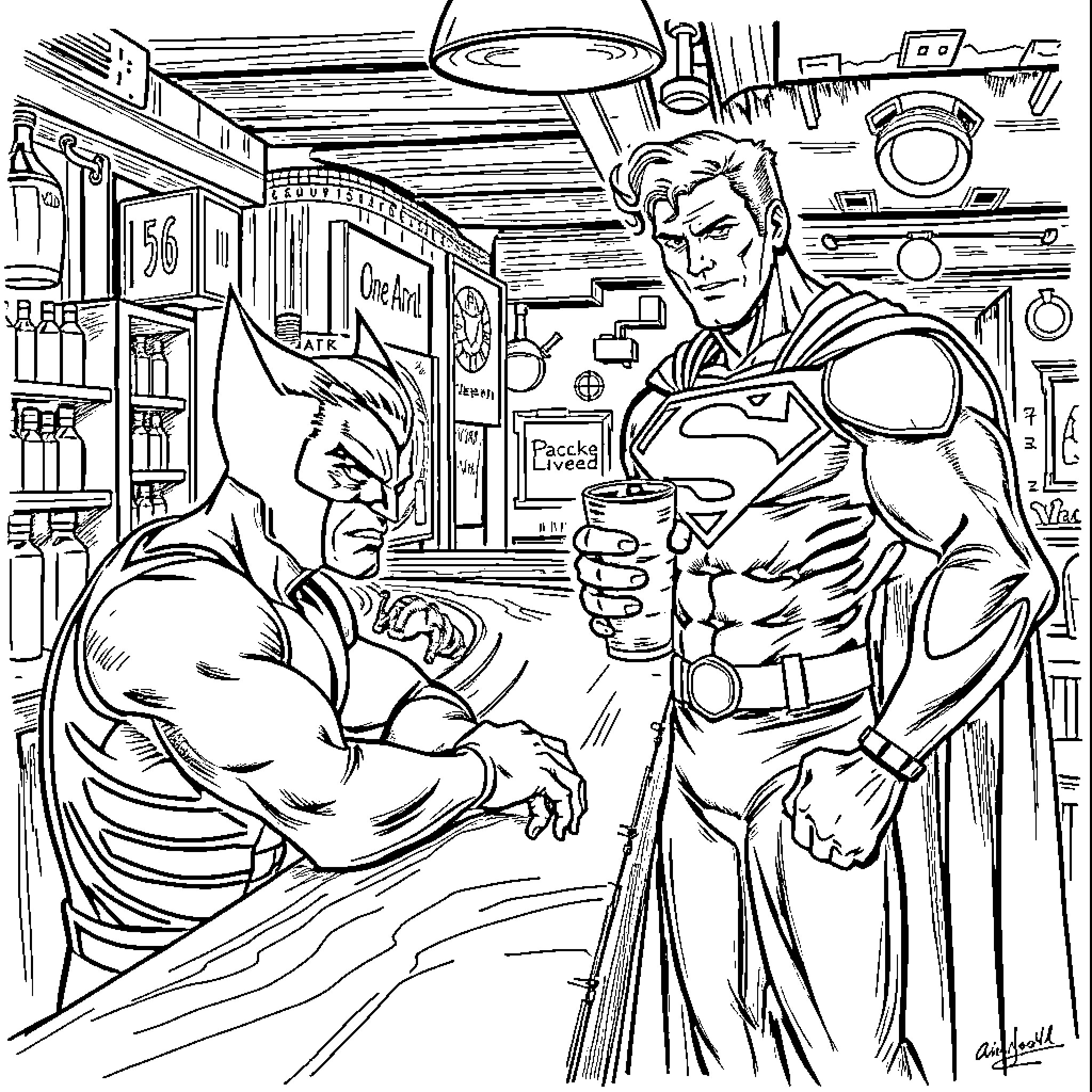 Wolverine and Superman in action-packed scene Coloring Page (free black-and-white line drawing printable PDF for all, from beginners to advanced learners, including children, teens, adults, and seniors)