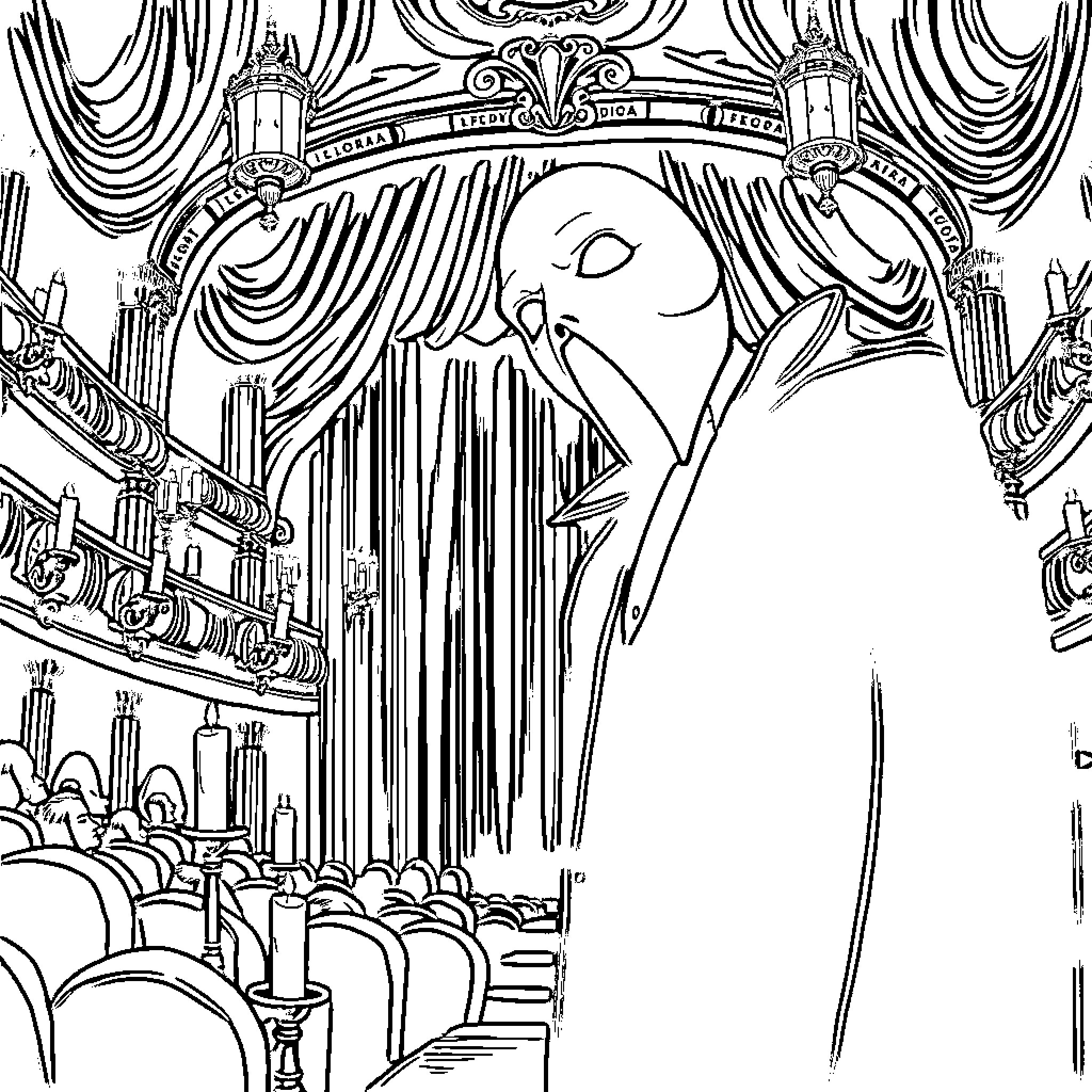 Phantom Theatrical Performance on a Lavish Stage Coloring Page (free black-and-white line drawing printable PDF for all, from beginners to advanced learners, including children, teens, adults, and seniors)
