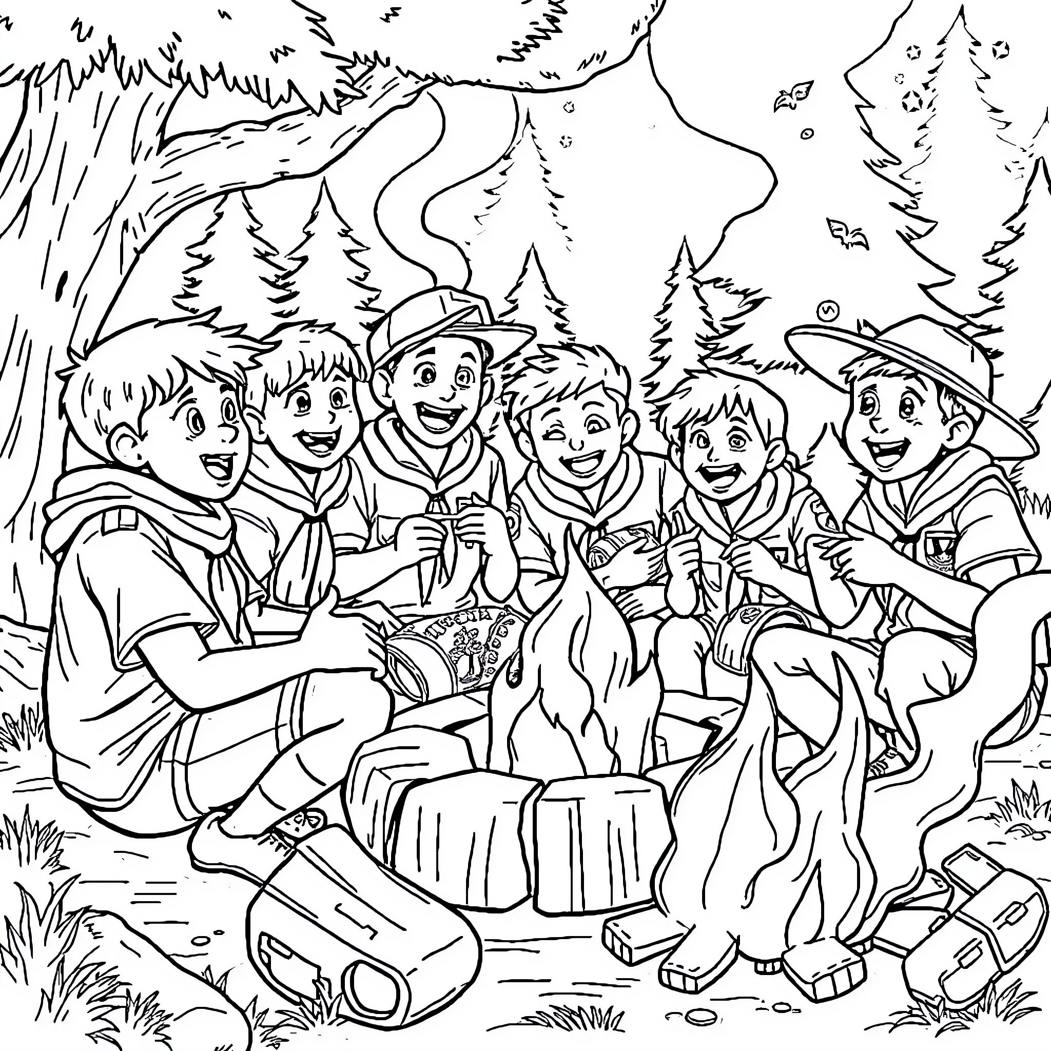 Scout Troop Enjoying Campfire in the Woods Coloring Page (free black-and-white line drawing printable PDF for all, from beginners to advanced learners, including children, teens, adults, and seniors)