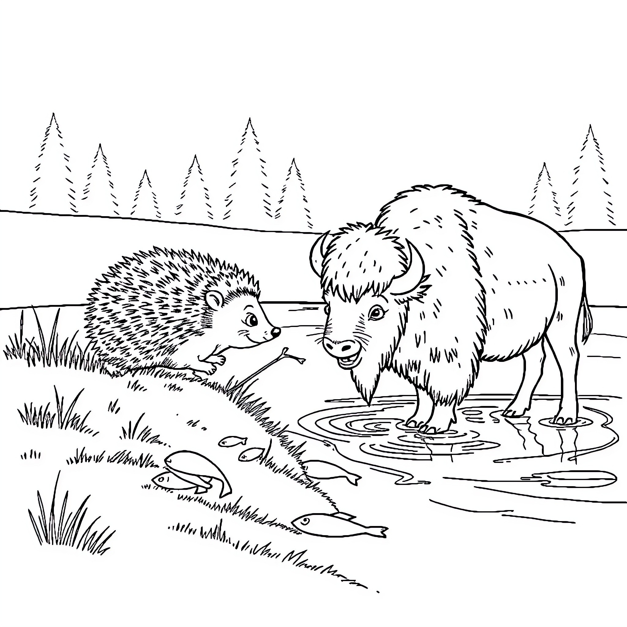 Hedgehog and bison meeting by the river Coloring Page (free black-and-white line drawing printable PDF for all, from beginners to advanced learners, including children, teens, adults, and seniors)
