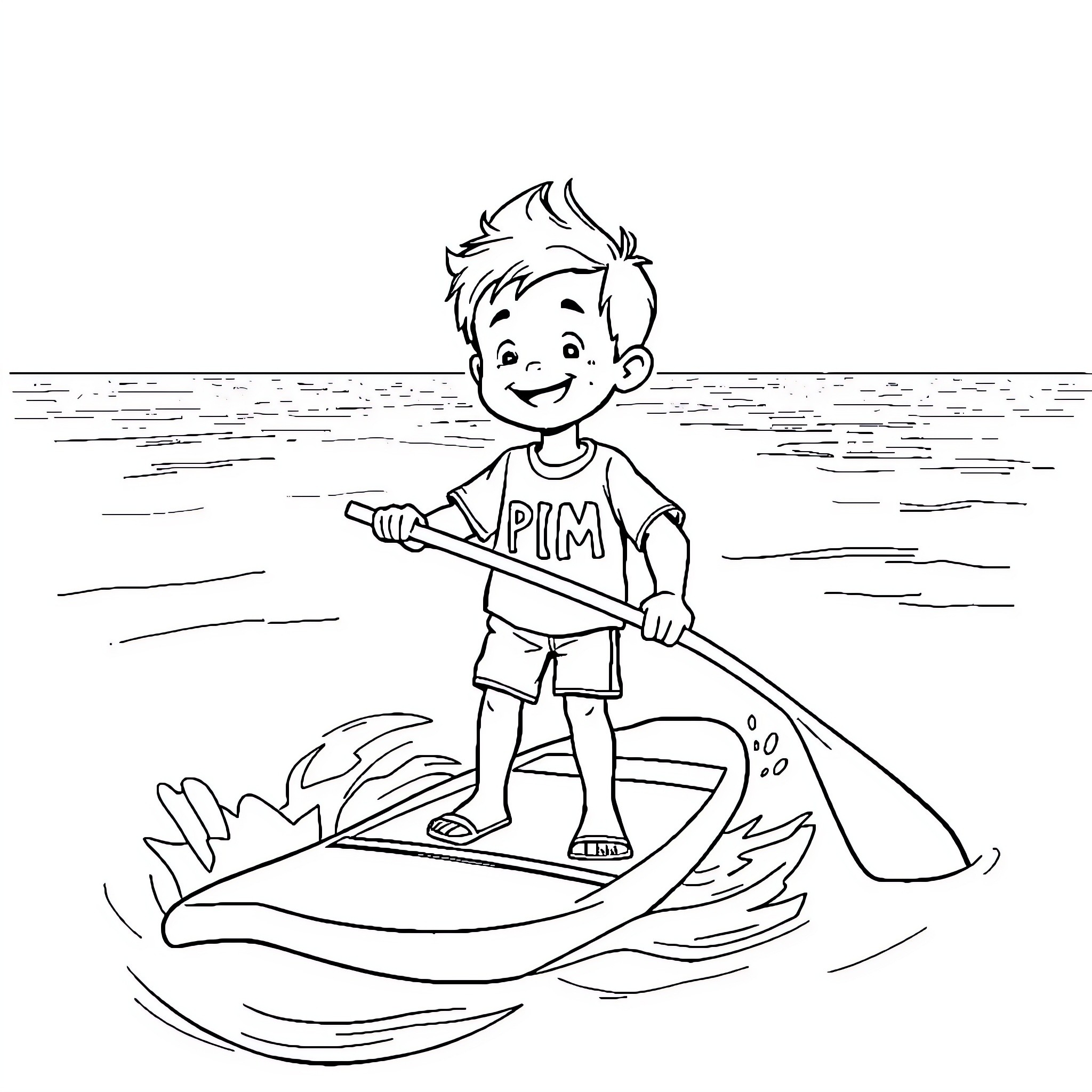 Boy enjoying water sports on his boat Coloring Page (free black-and-white line drawing printable PDF for all, from beginners to advanced learners, including children, teens, adults, and seniors)