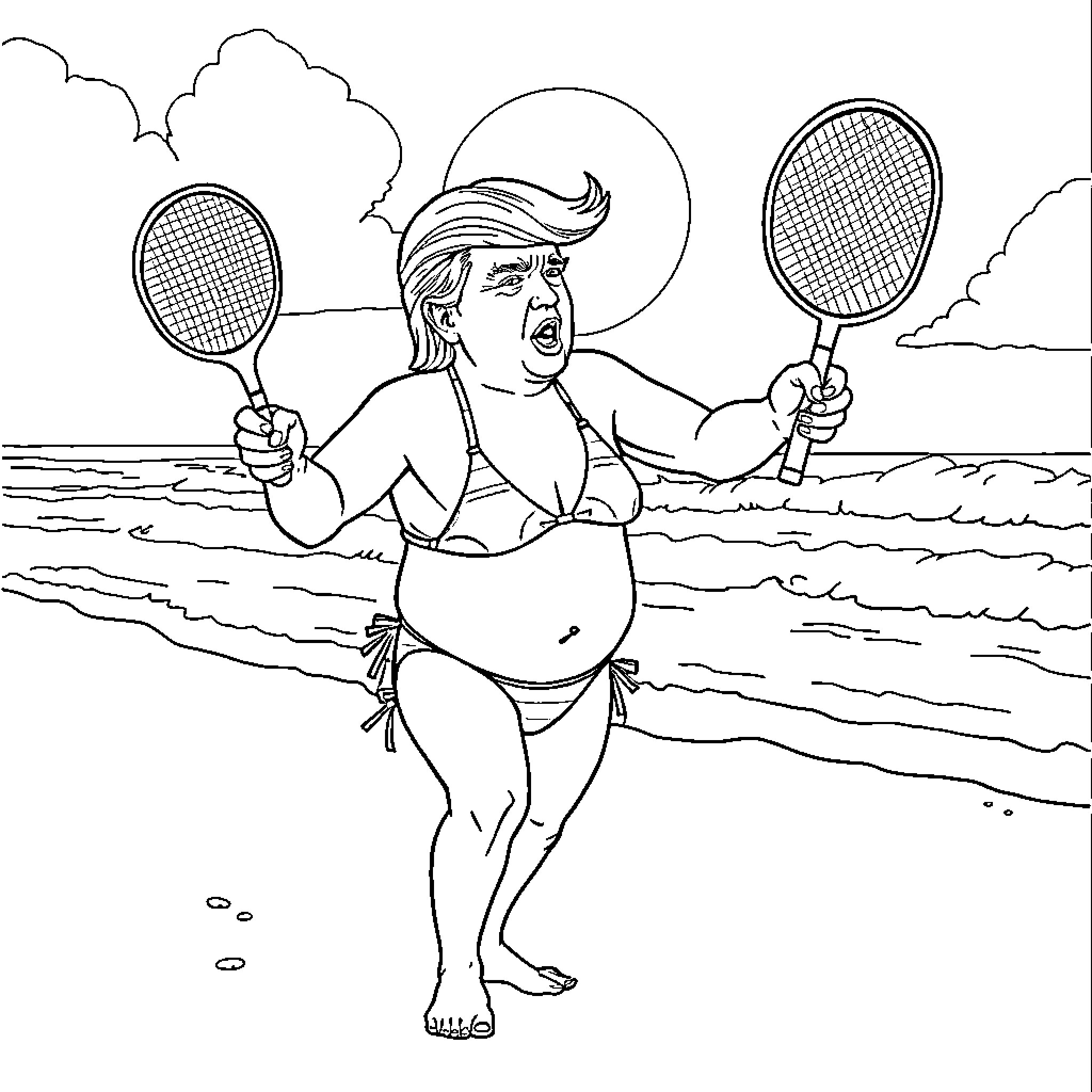 Donald Trump playing tennis on the beach Coloring Page (free black-and-white line drawing printable PDF for all, from beginners to advanced learners, including children, teens, adults, and seniors)