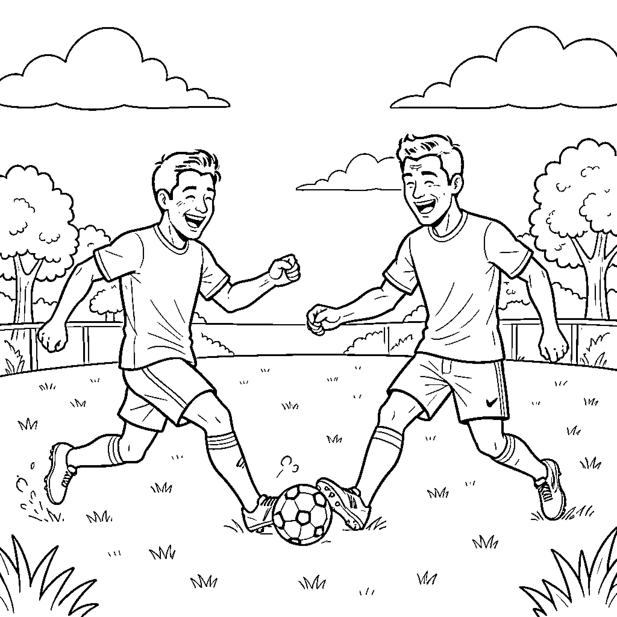 Sangoko two boys playing soccer in a field Coloring Page (free black-and-white line drawing printable PDF for all, from beginners to advanced learners, including children, teens, adults, and seniors)