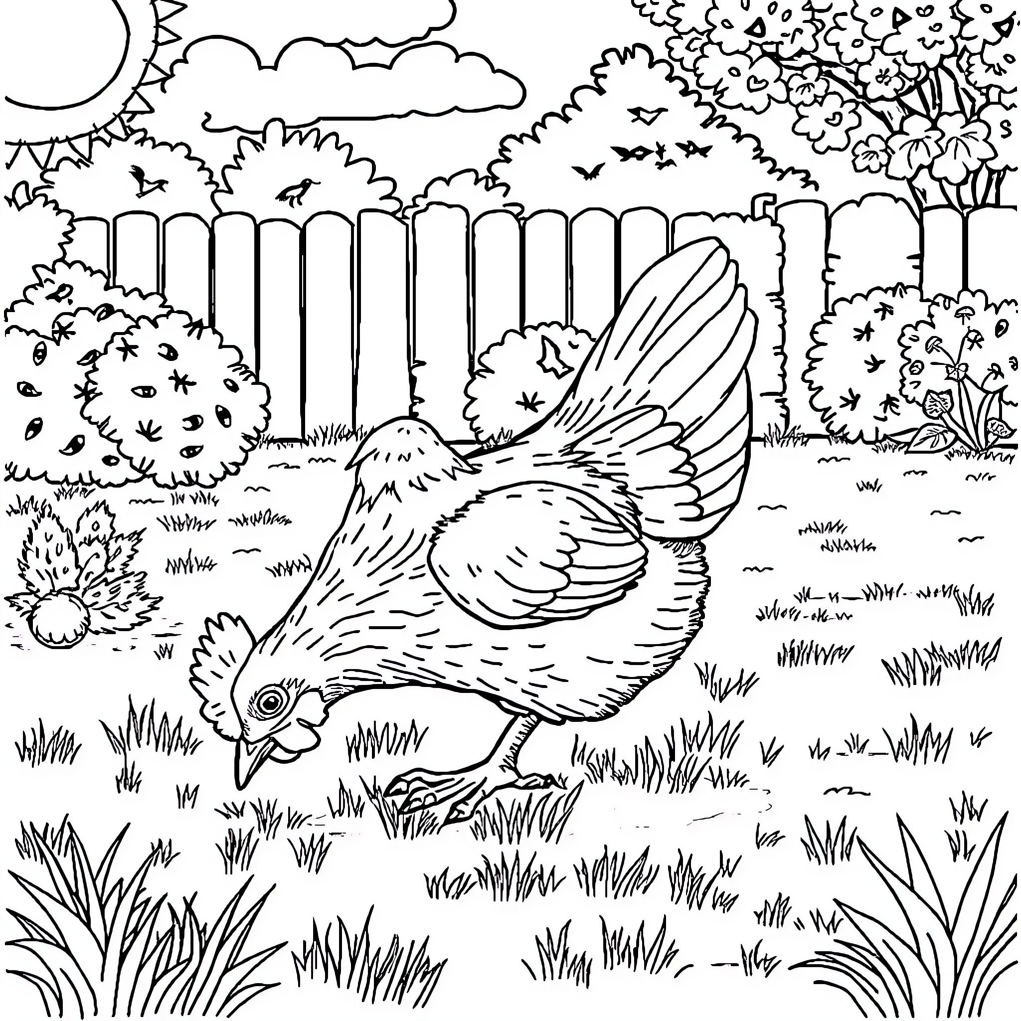 Hen exploring a vibrant outdoor scene Coloring Page (free black-and-white line drawing printable PDF for all, from beginners to advanced learners, including children, teens, adults, and seniors)