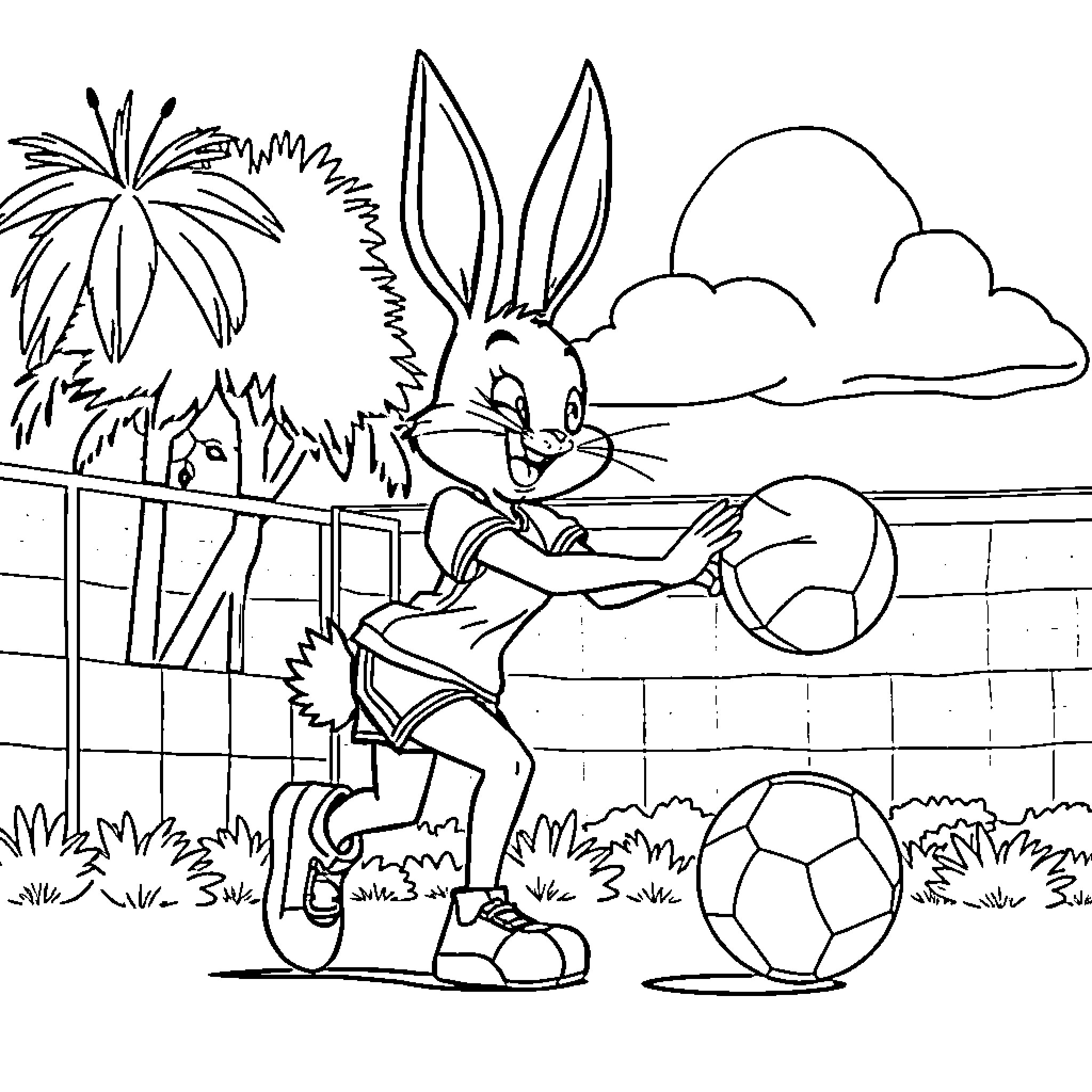Lola Bunny playing soccer in the park Coloring Page (free black-and-white line drawing printable PDF for all, from beginners to advanced learners, including children, teens, adults, and seniors)