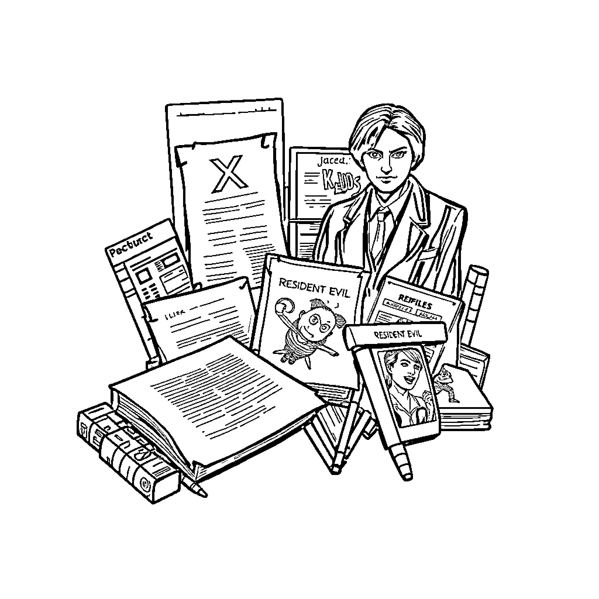 X Files: Investigator Examining Paranormal Documents Coloring Page (free black-and-white line drawing printable PDF for all, from beginners to advanced learners, including children, teens, adults, and seniors)