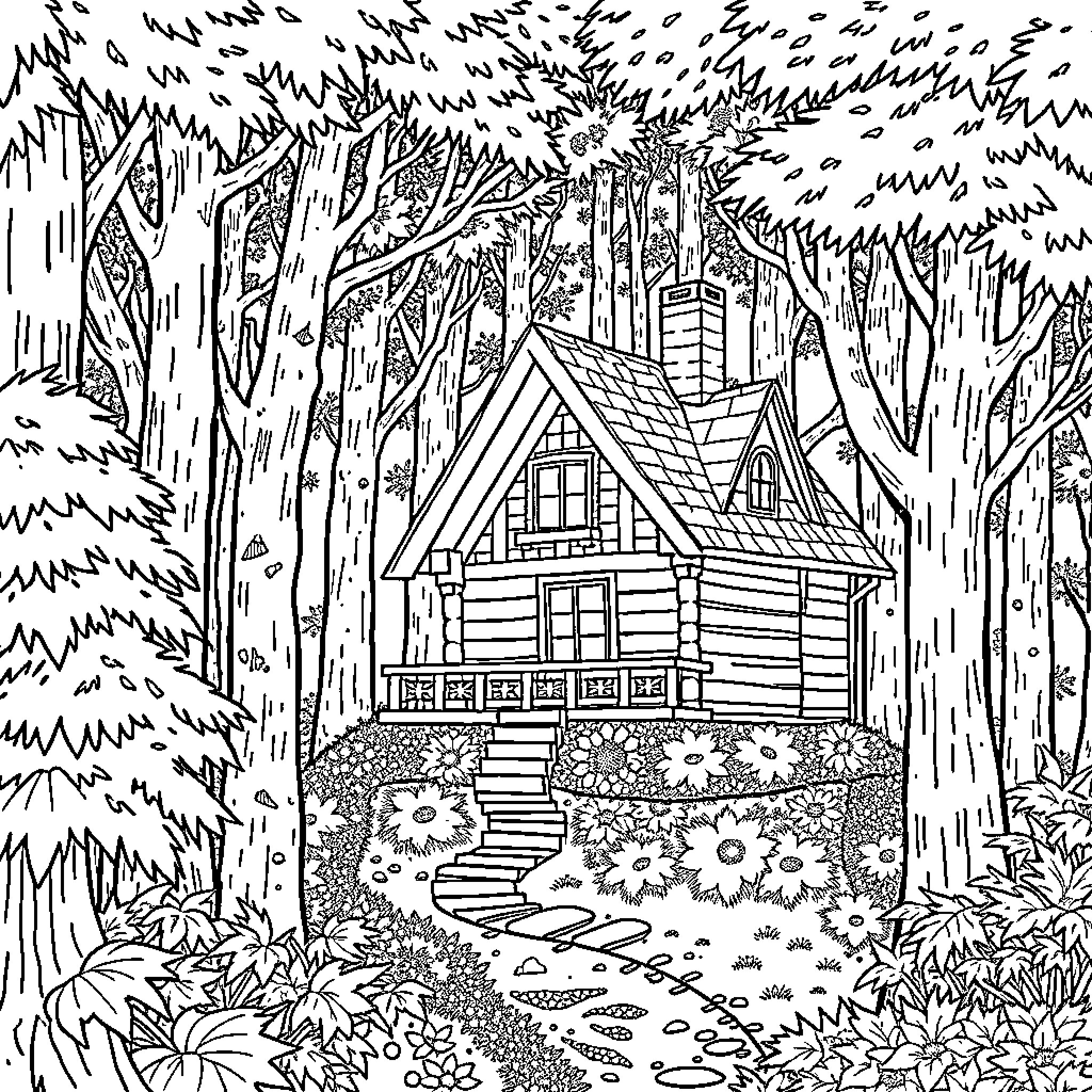 House in a Cozy Forest Retreat Coloring Page (free black-and-white line drawing printable PDF for all, from beginners to advanced learners, including children, teens, adults, and seniors)