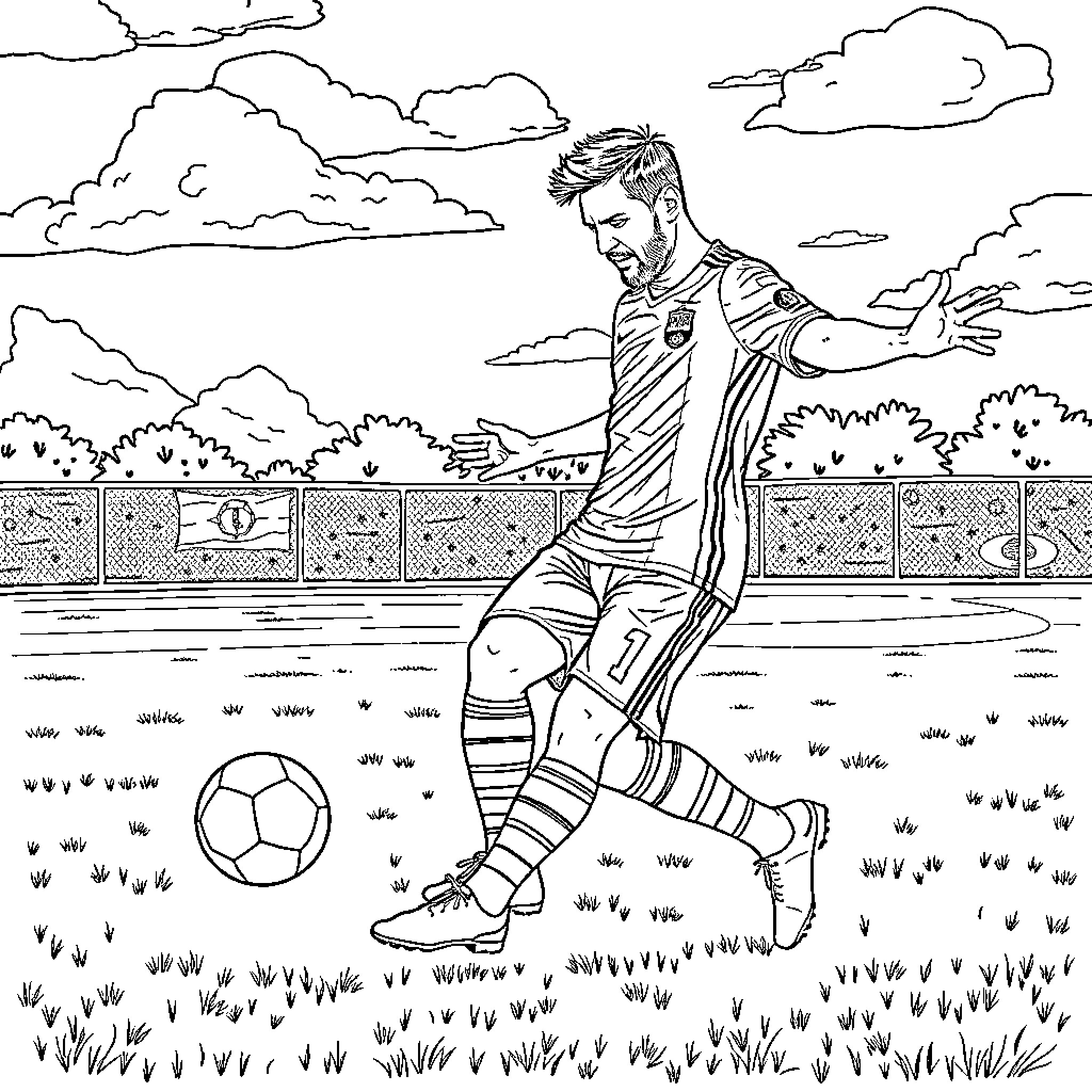 Messi playing soccer on the field Coloring Page (free black-and-white line drawing printable PDF for all, from beginners to advanced learners, including children, teens, adults, and seniors)