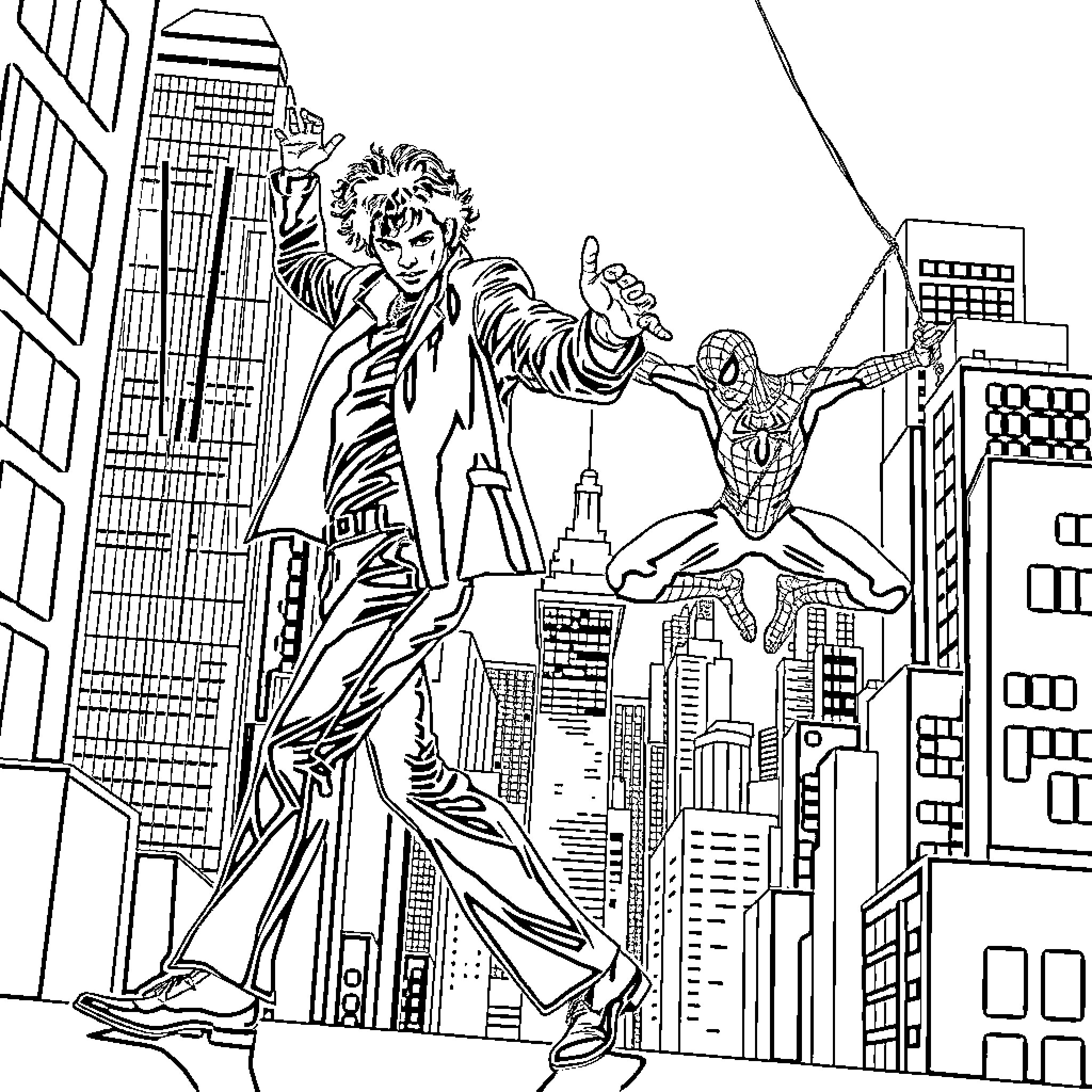 Michael Jackson dancing in the city with Spider-Man Coloring Page (free black-and-white line drawing printable PDF for all, from beginners to advanced learners, including children, teens, adults, and seniors)