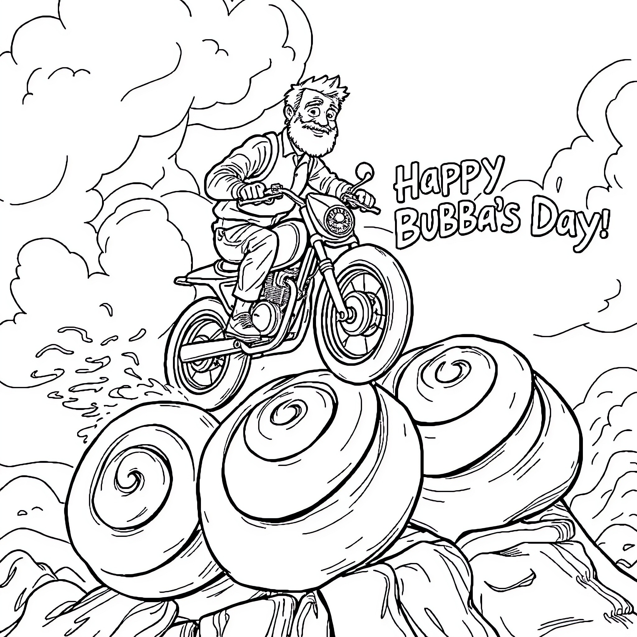 Stuntman rides motorcycle over bubba's wacky day Coloring Page (free black-and-white line drawing printable PDF for all, from beginners to advanced learners, including children, teens, adults, and seniors)