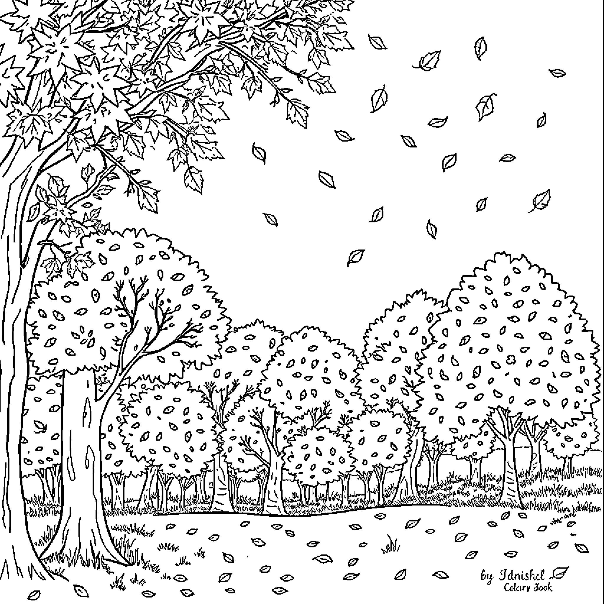 Fall Landscape with Falling Leaves Coloring Page (free black-and-white line drawing printable PDF for all, from beginners to advanced learners, including children, teens, adults, and seniors)