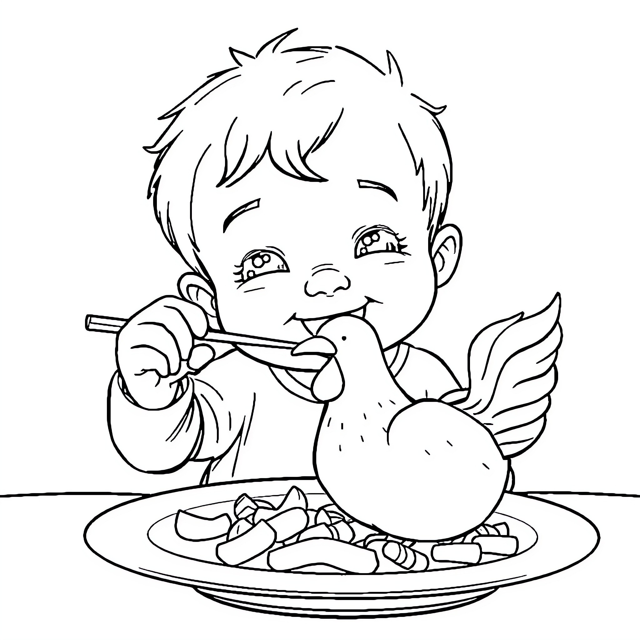 Boy enjoying a hearty meal with a pet bird Coloring Page (free black-and-white line drawing printable PDF for all, from beginners to advanced learners, including children, teens, adults, and seniors)