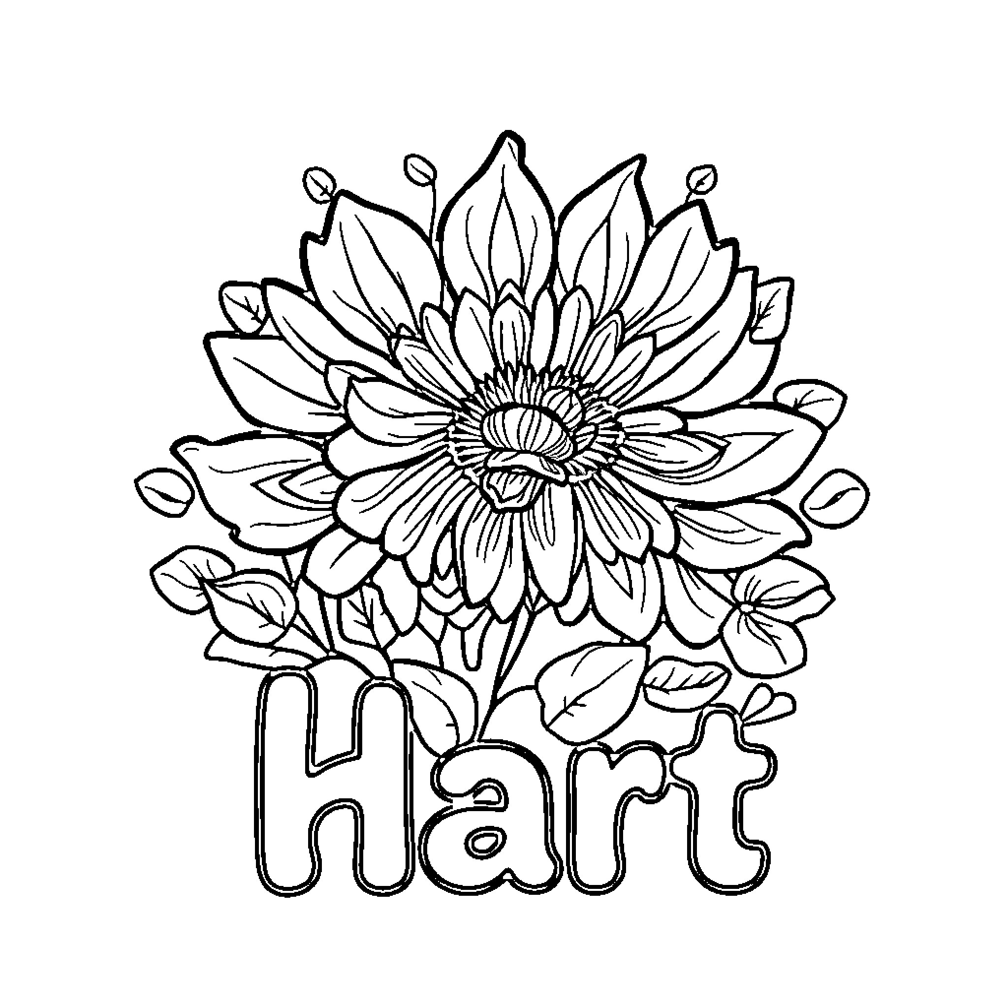 Diagraph of a Floral Design with the Word 'Hart' Coloring Page (free black-and-white line drawing printable PDF for all, from beginners to advanced learners, including children, teens, adults, and seniors)