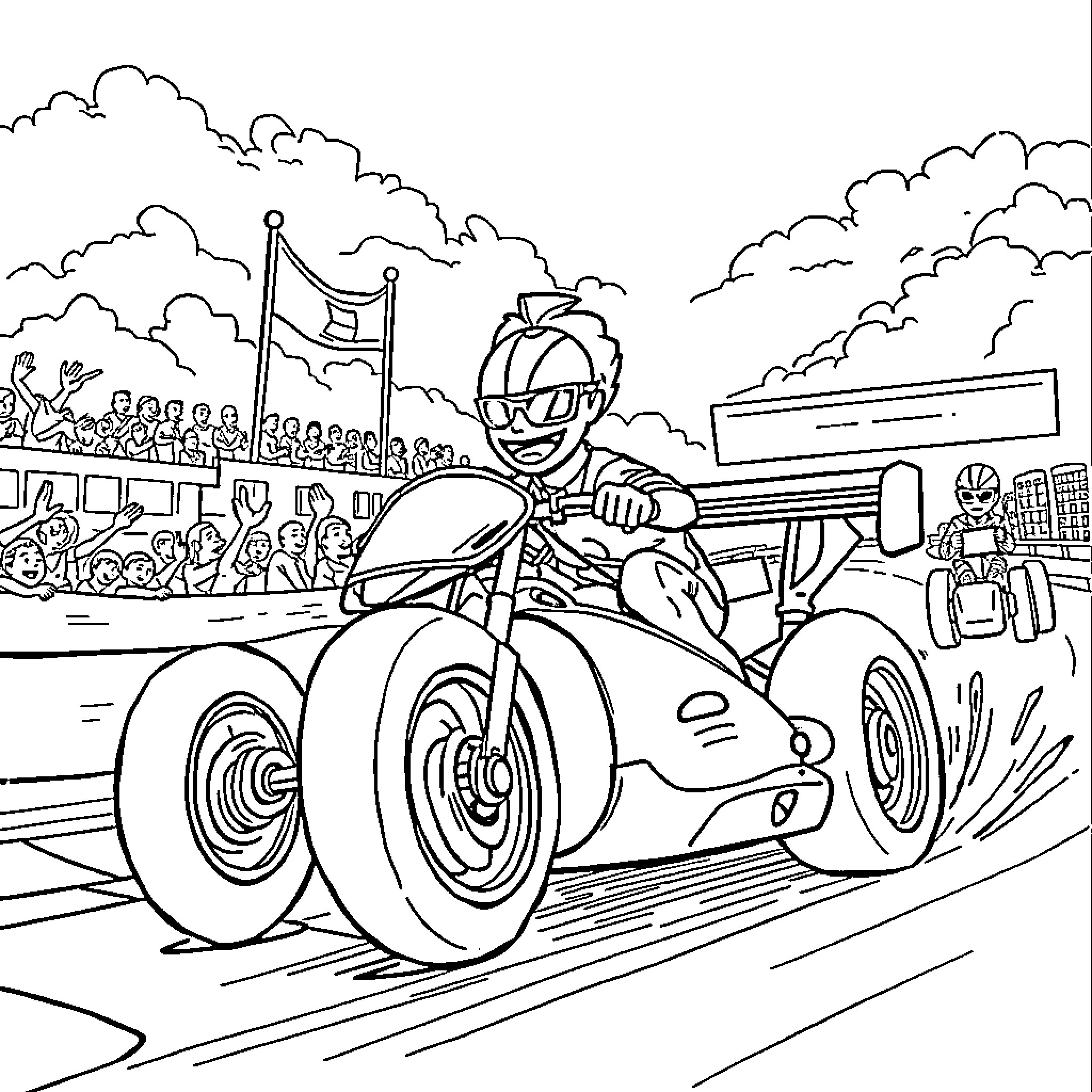 Pogacar racing on a high-speed motorcycle Coloring Page (free black-and-white line drawing printable PDF for all, from beginners to advanced learners, including children, teens, adults, and seniors)